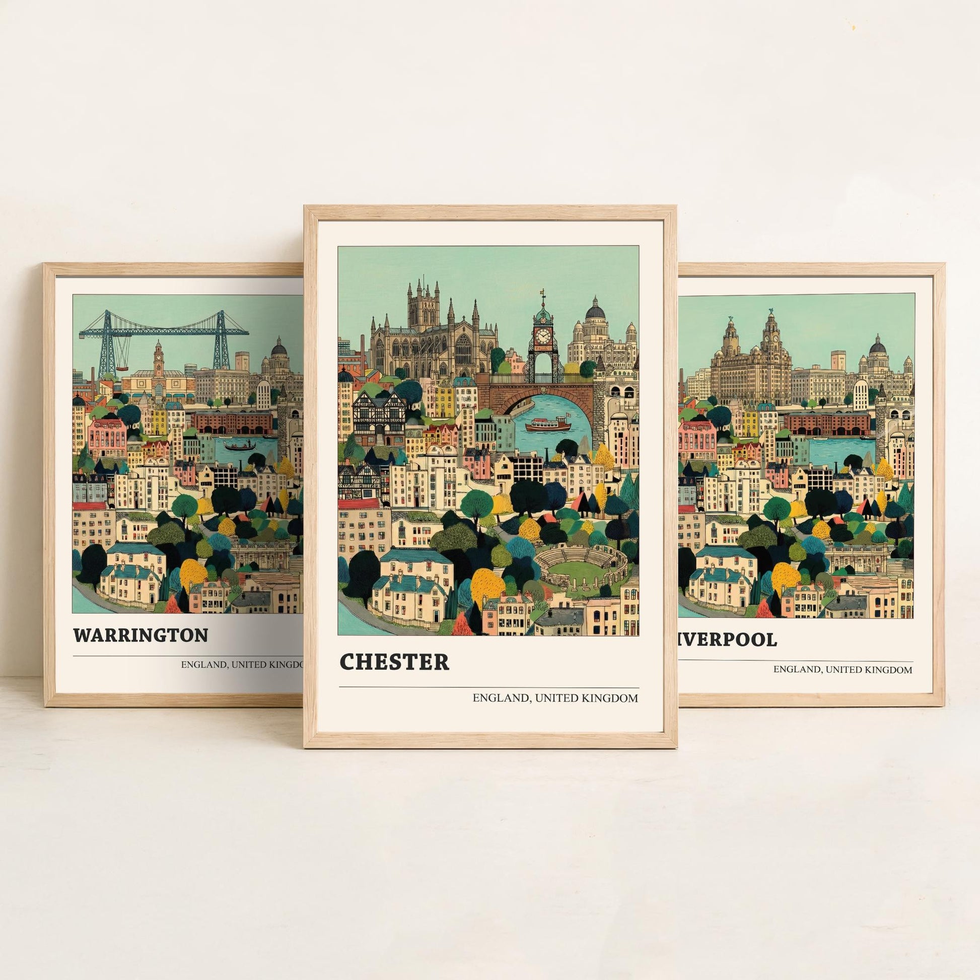 Set of Three North West England City Art Prints - Warrington, Liverpool, Chester - 3 Storybook Cityscape Illustration Posters