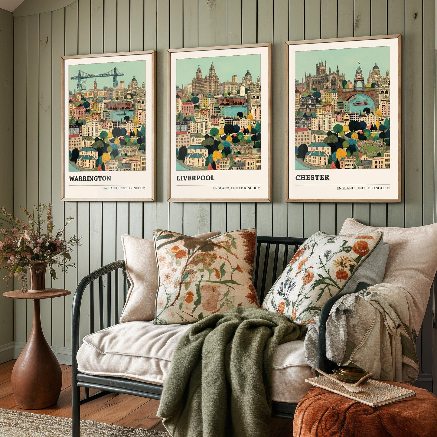 Set of Three North West England City Art Prints - Warrington, Liverpool, Chester - 3 Storybook Cityscape Illustration Posters