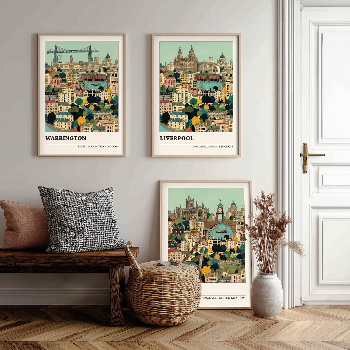 Set of Three North West England City Art Prints - Warrington, Liverpool, Chester - 3 Storybook Cityscape Illustration Posters