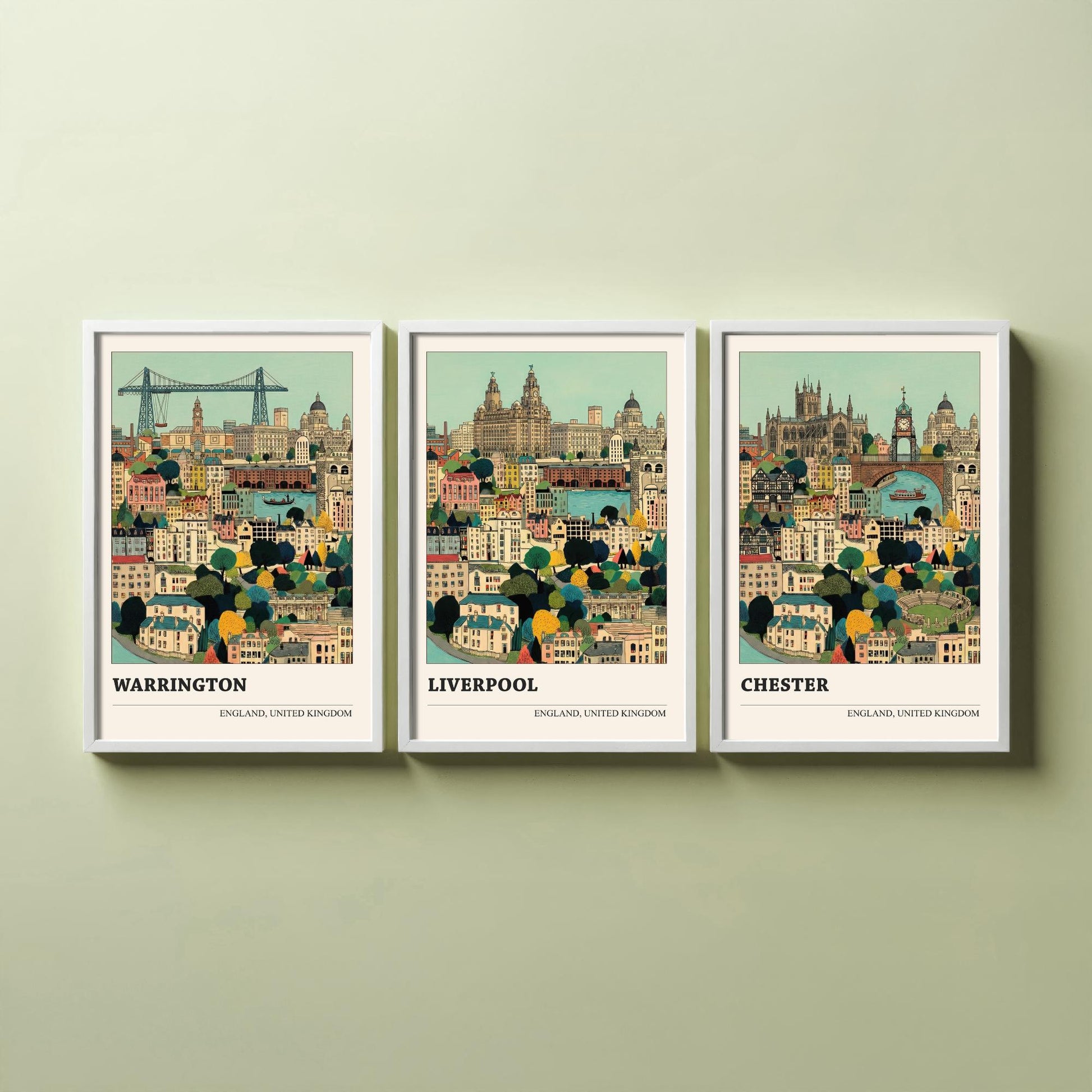 Set of Three North West England City Art Prints - Warrington, Liverpool, Chester - 3 Storybook Cityscape Illustration Posters