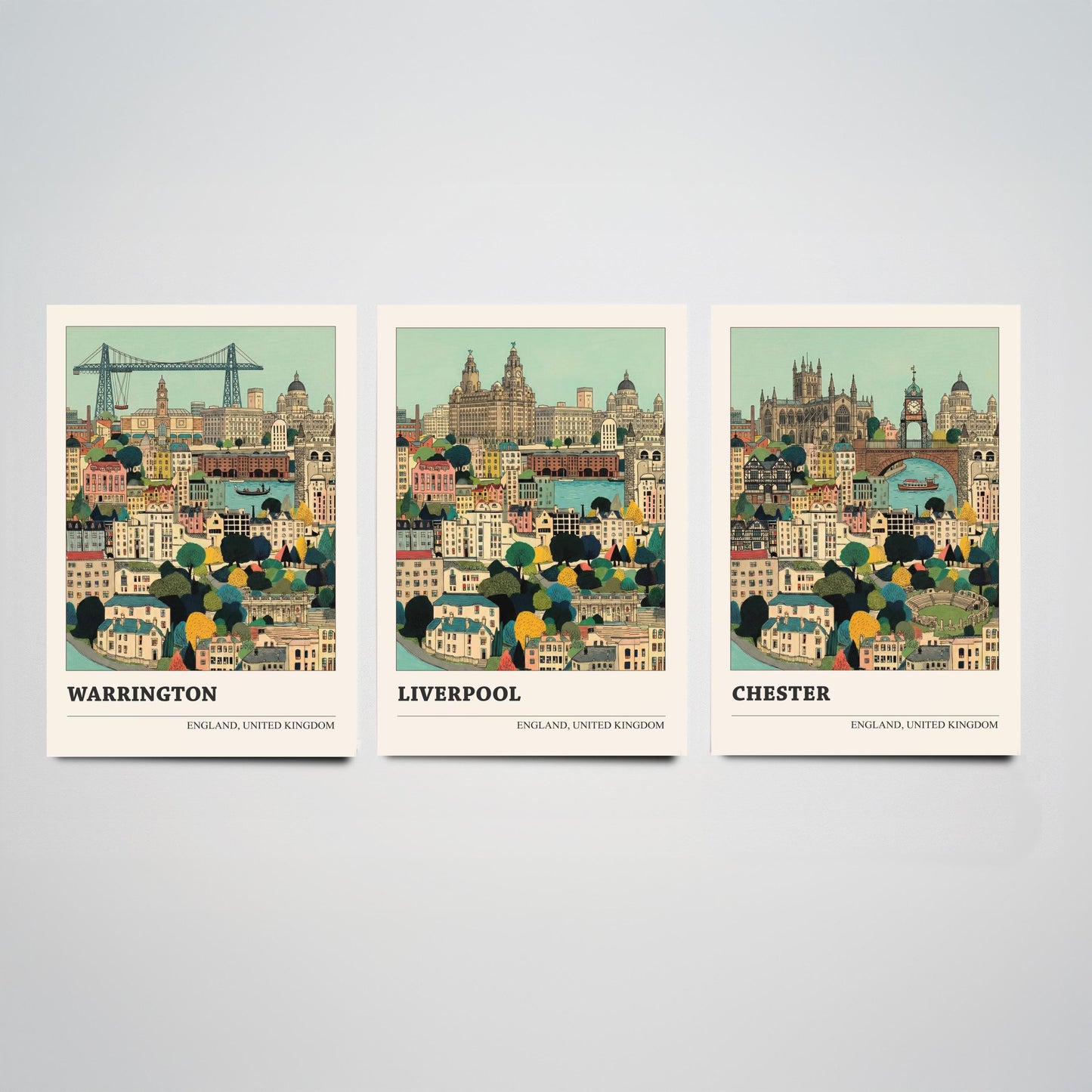 Set of Three North West England City Art Prints - Warrington, Liverpool, Chester - 3 Storybook Cityscape Illustration Posters