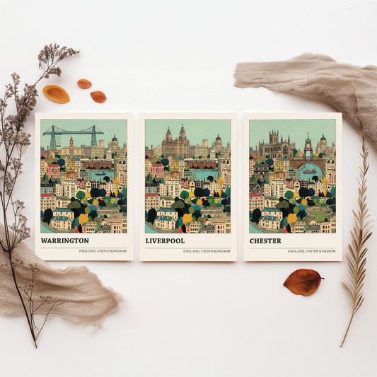 Set of Three North West England City Art Prints - Warrington, Liverpool, Chester - 3 Storybook Cityscape Illustration Posters