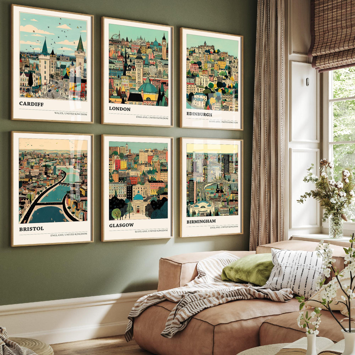 Set of Six UK City Art Prints - 6 Detailed Cityscape Illustration Posters - Cardiff, London, Edinburgh, Bristol, Glasgow, Birmingham