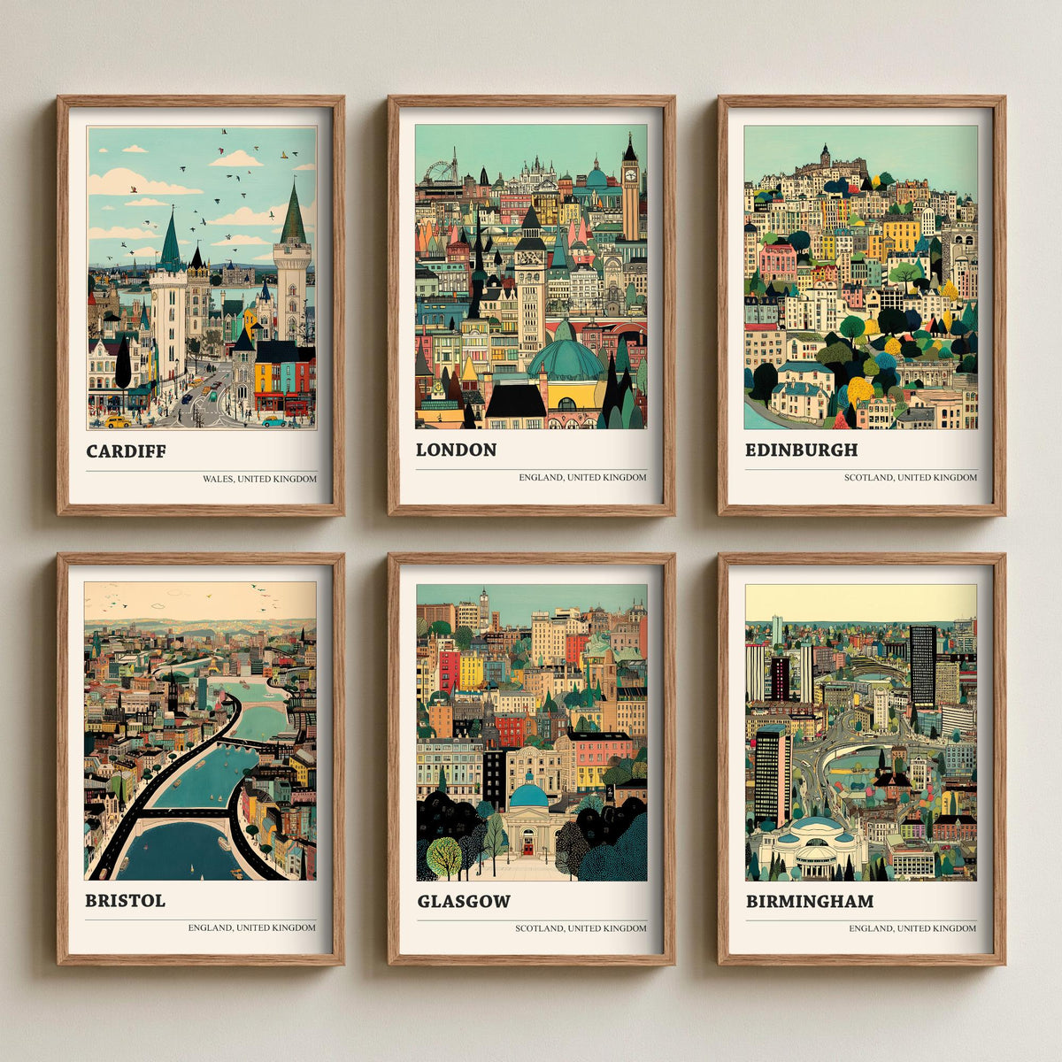 Set of Six UK City Art Prints - 6 Detailed Cityscape Illustration Posters - Cardiff, London, Edinburgh, Bristol, Glasgow, Birmingham