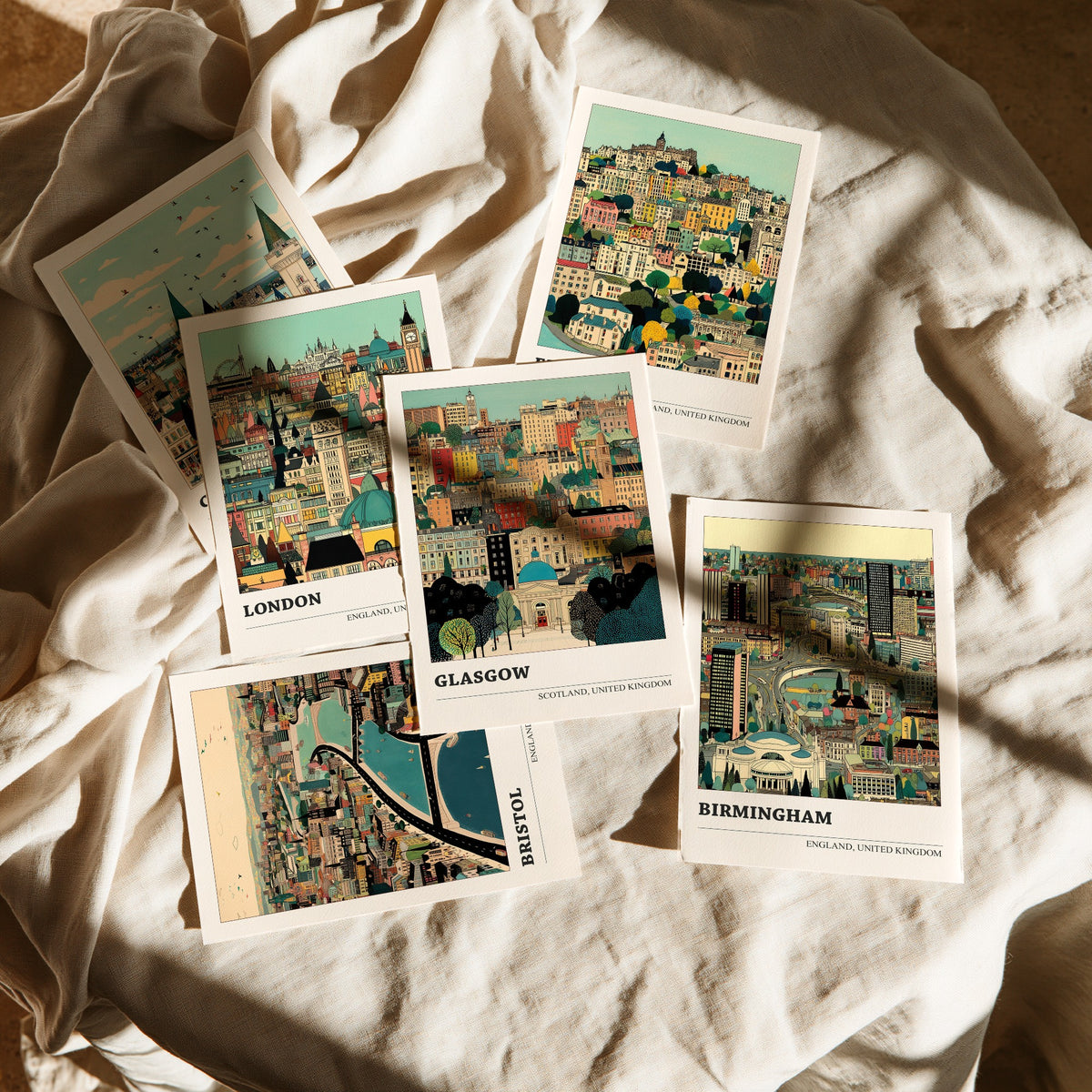 Set of Six UK City Art Prints - 6 Detailed Cityscape Illustration Posters - Cardiff, London, Edinburgh, Bristol, Glasgow, Birmingham