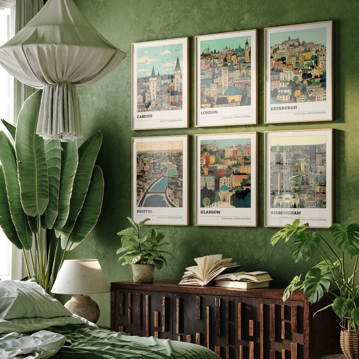 Set of Six UK City Art Prints - 6 Detailed Cityscape Illustration Posters - Cardiff, London, Edinburgh, Bristol, Glasgow, Birmingham