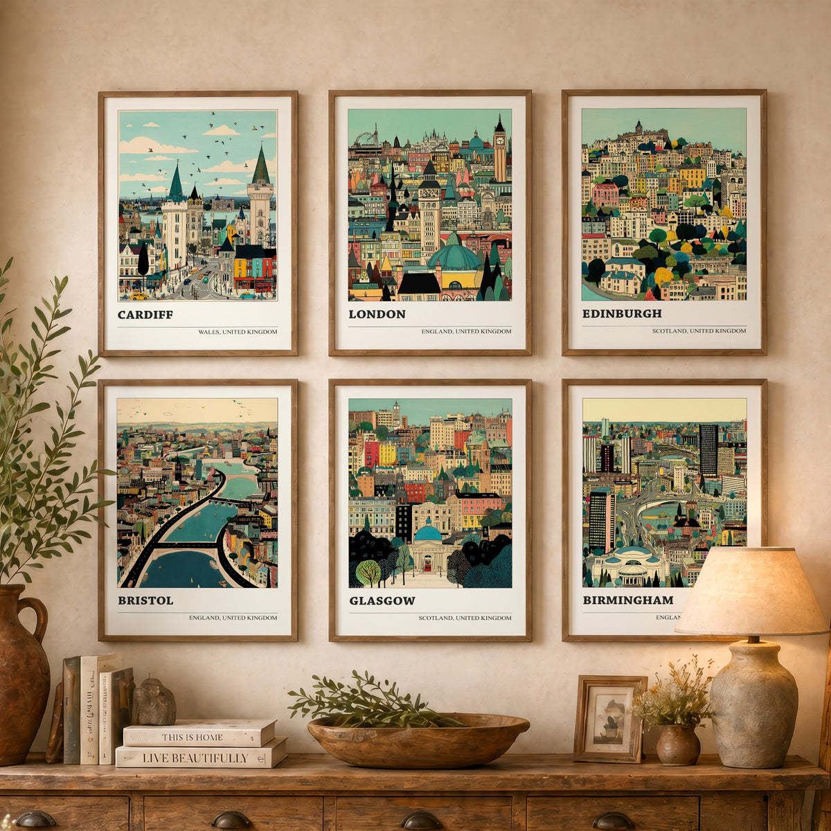 Set of Six UK City Art Prints - 6 Detailed Cityscape Illustration Posters - Cardiff, London, Edinburgh, Bristol, Glasgow, Birmingham