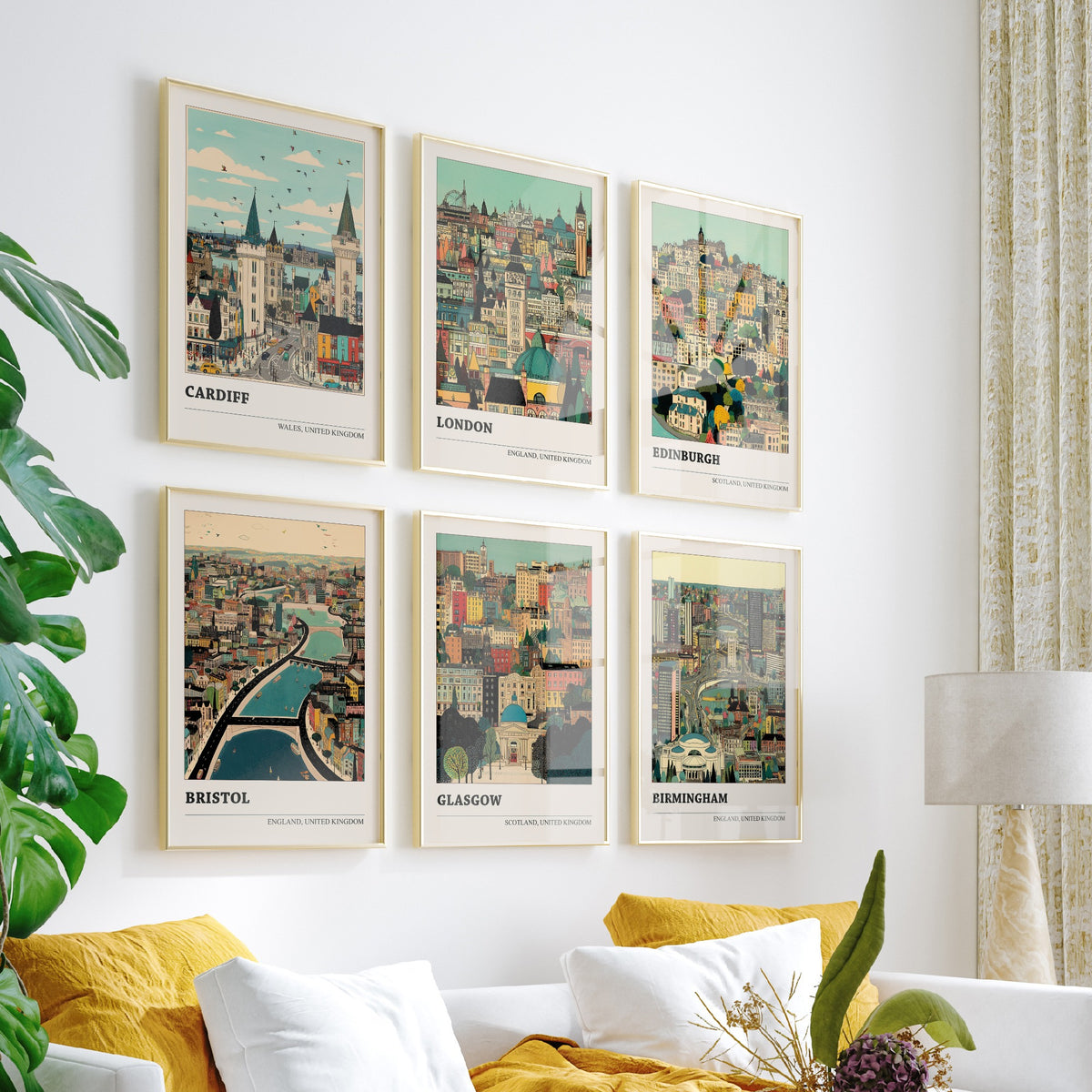 Set of Six UK City Art Prints - 6 Detailed Cityscape Illustration Posters - Cardiff, London, Edinburgh, Bristol, Glasgow, Birmingham