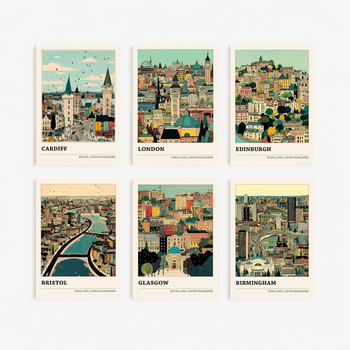 Set of Six UK City Art Prints - 6 Detailed Cityscape Illustration Posters - Cardiff, London, Edinburgh, Bristol, Glasgow, Birmingham