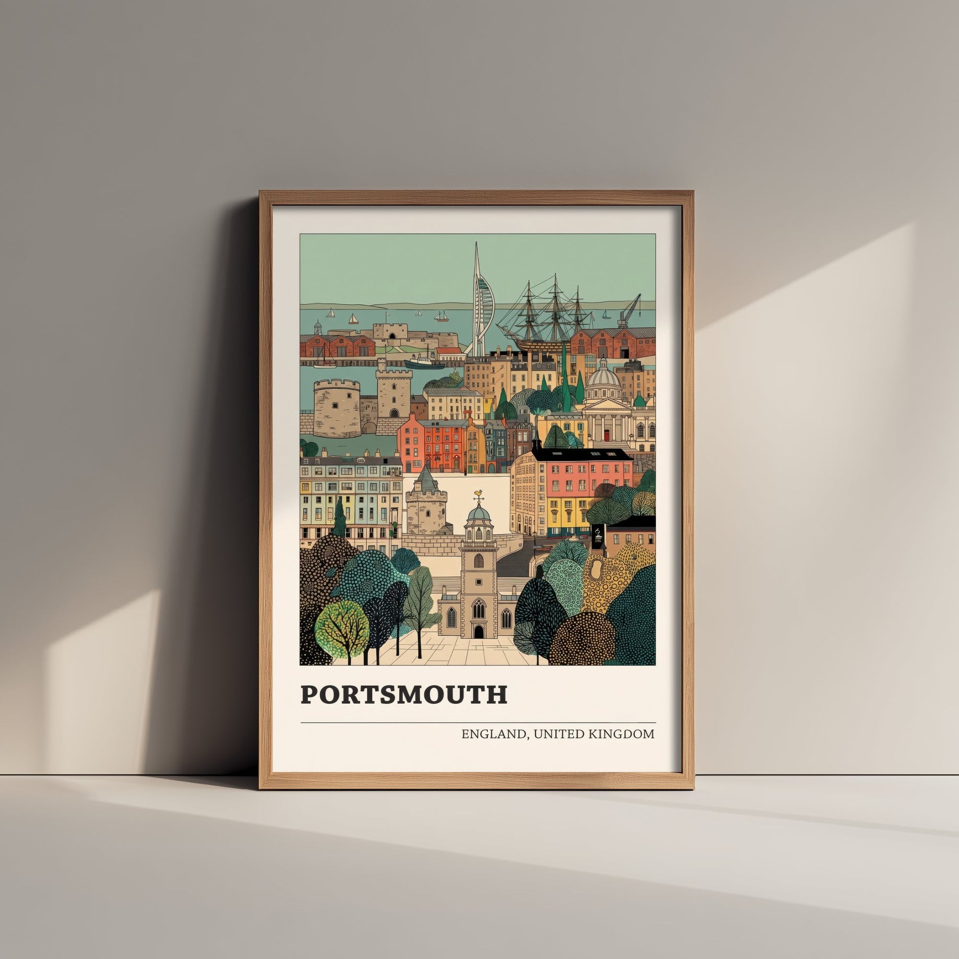 Portsmouth Travel Poster - Spinnaker Tower and Historic Dockyard Art Print - Storybook England Illustration V2 1/3