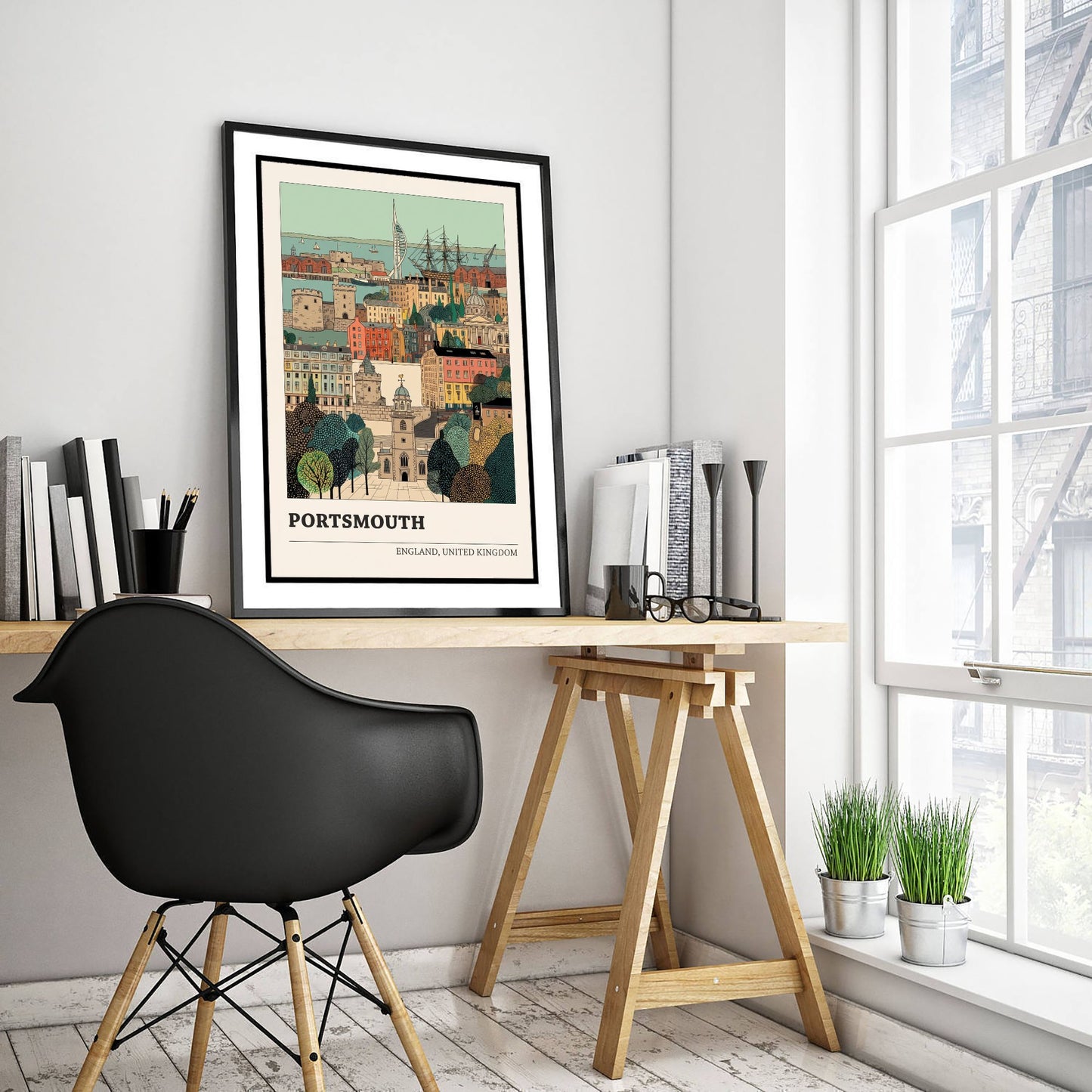 Portsmouth Travel Poster - Spinnaker Tower and Historic Dockyard Art Print - Storybook England Illustration V2 1/3