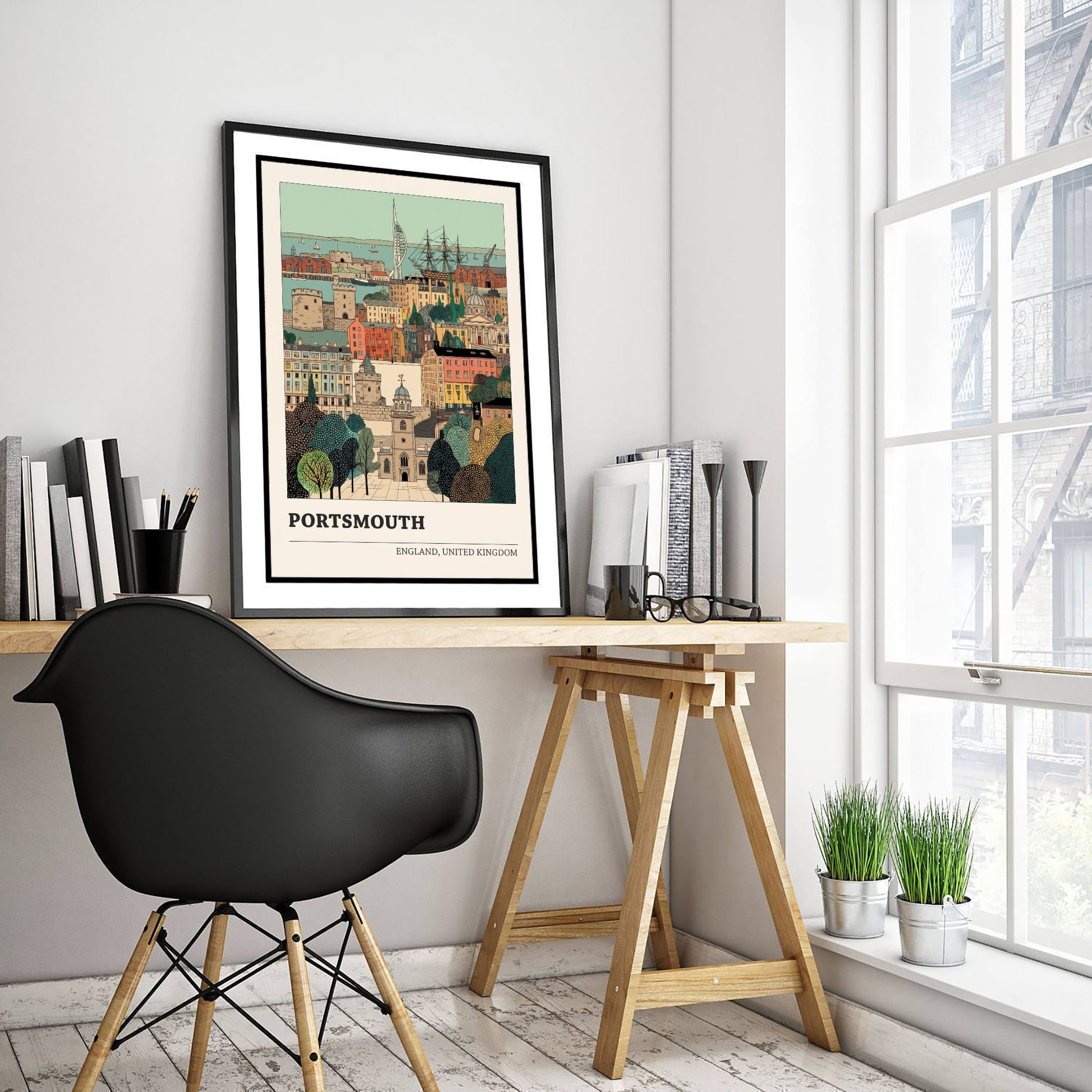 Portsmouth Travel Poster - Spinnaker Tower and Historic Dockyard Art Print - Storybook England Illustration V2 1/3