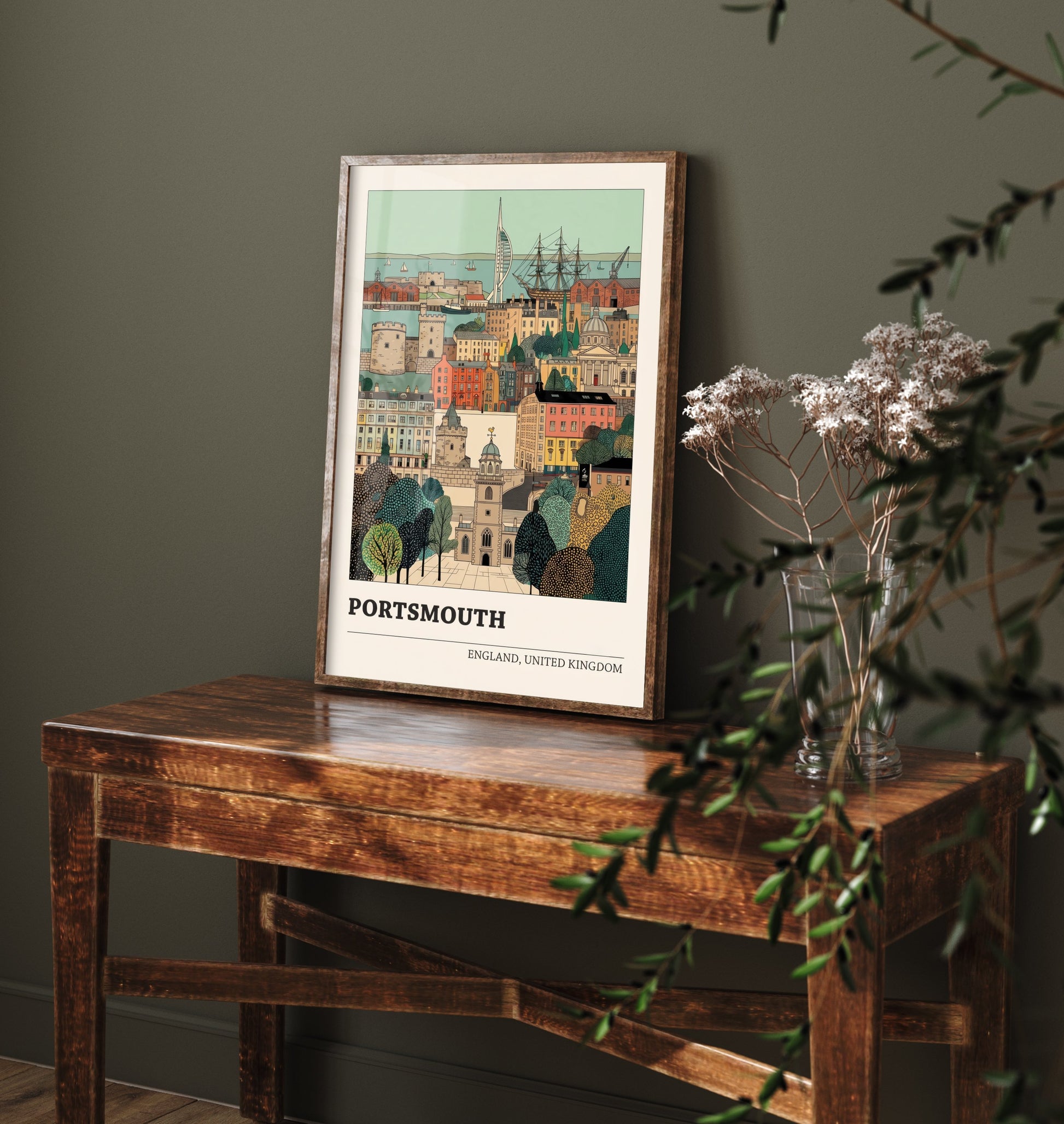 Portsmouth Travel Poster - Spinnaker Tower and Historic Dockyard Art Print - Storybook England Illustration V2 1/3