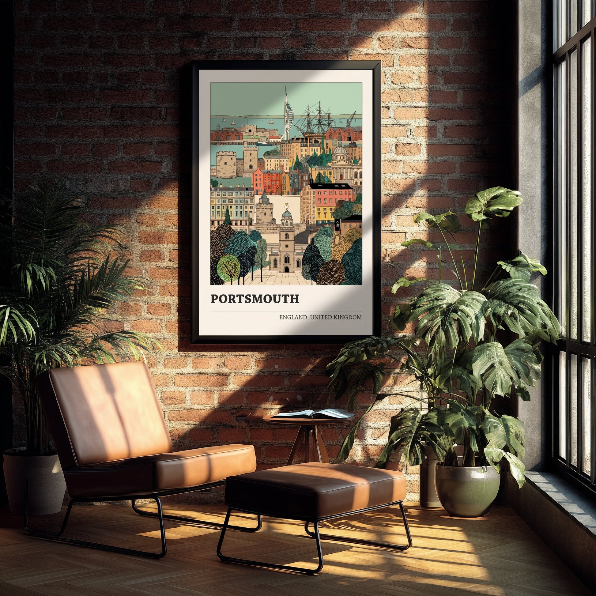 Portsmouth Travel Poster - Spinnaker Tower and Historic Dockyard Art Print - Storybook England Illustration V2 1/3