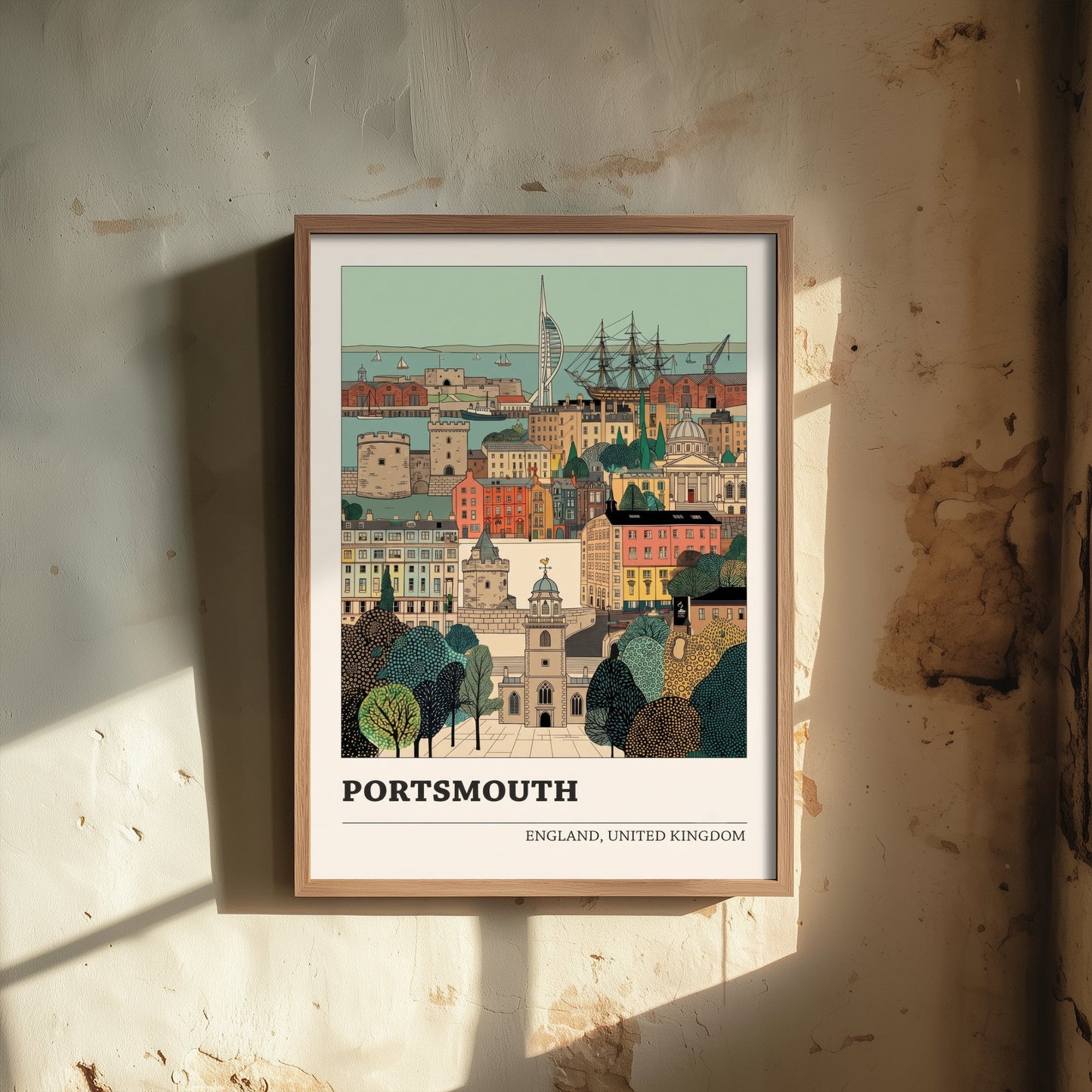 Portsmouth Travel Poster - Spinnaker Tower and Historic Dockyard Art Print - Storybook England Illustration V2 1/3