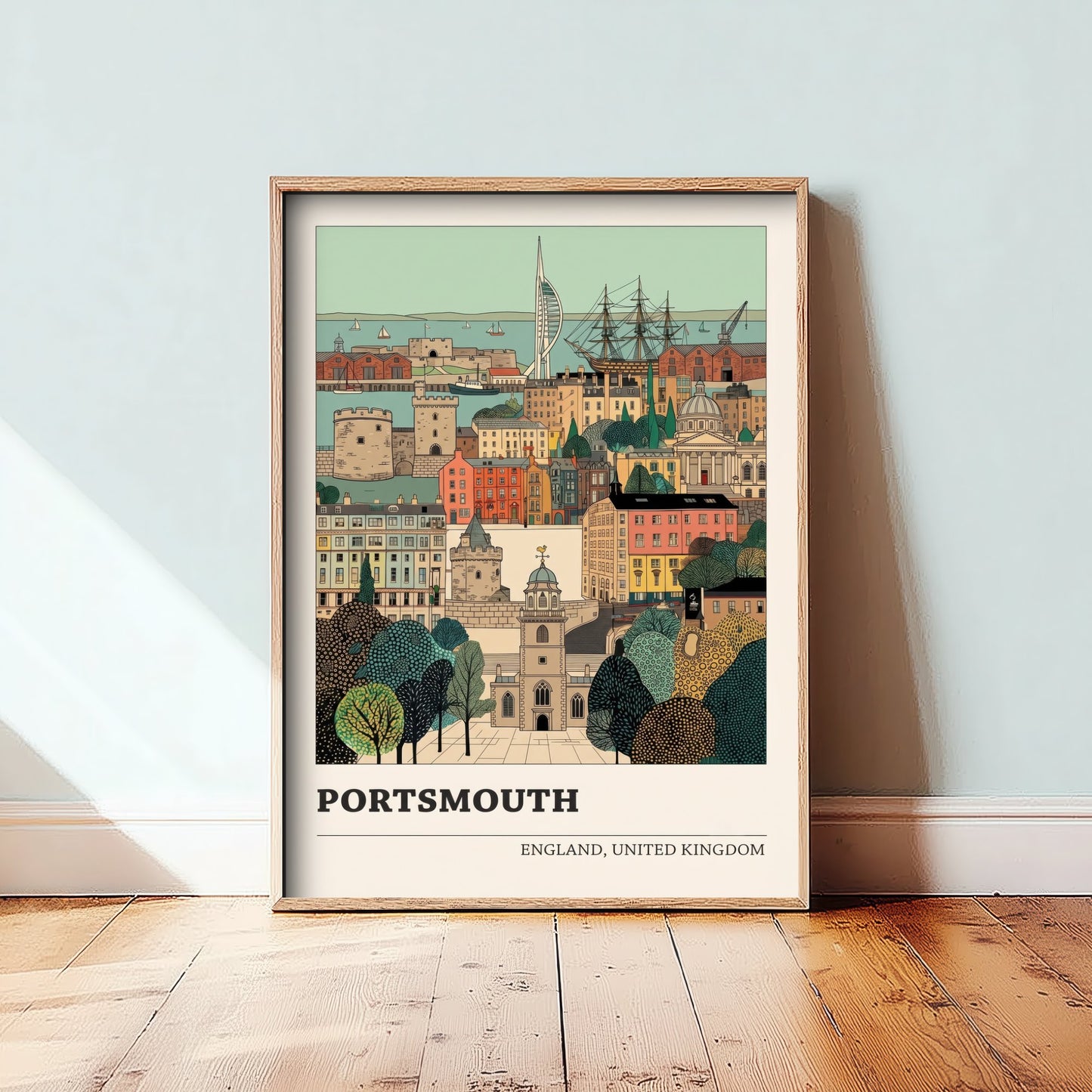 Portsmouth Travel Poster - Spinnaker Tower and Historic Dockyard Art Print - Storybook England Illustration V2 1/3