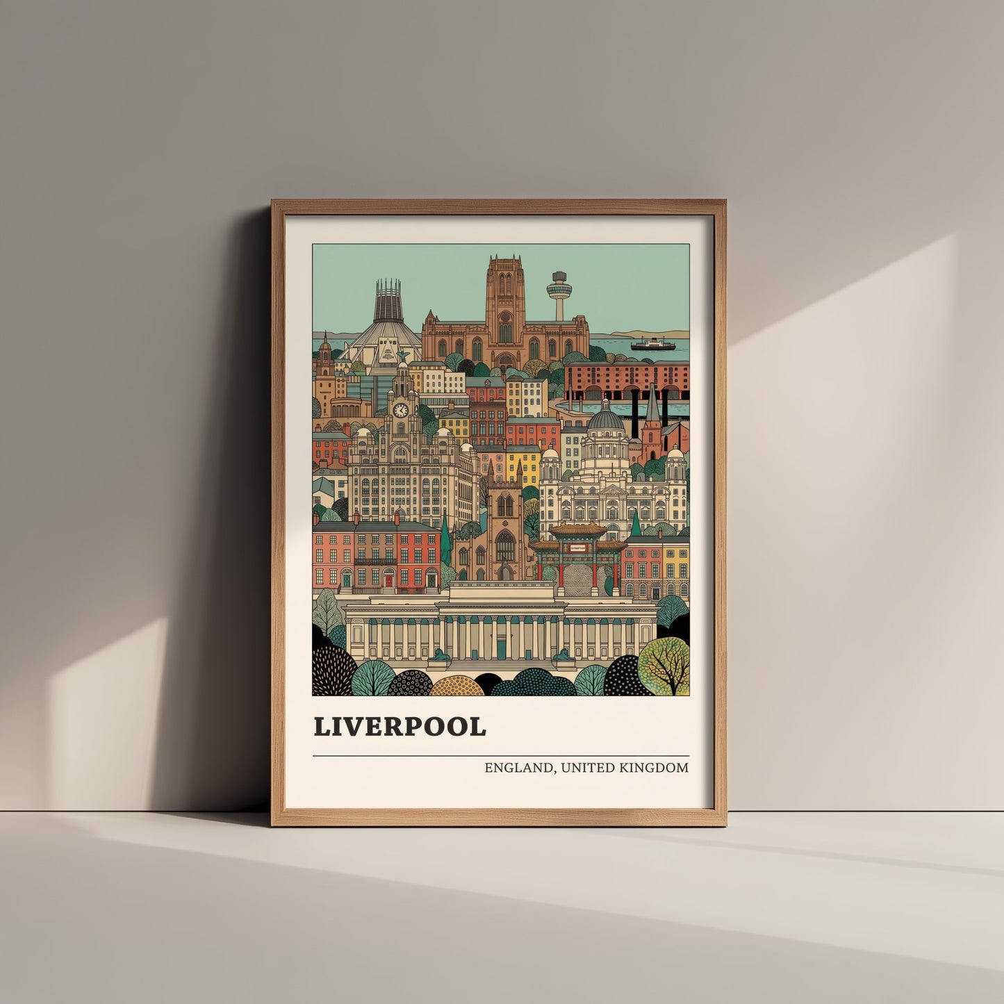 Liverpool Cityscape Art Print - Two Cathedrals and Liver Building Poster - Detailed Storybook Illustration V2 2/3