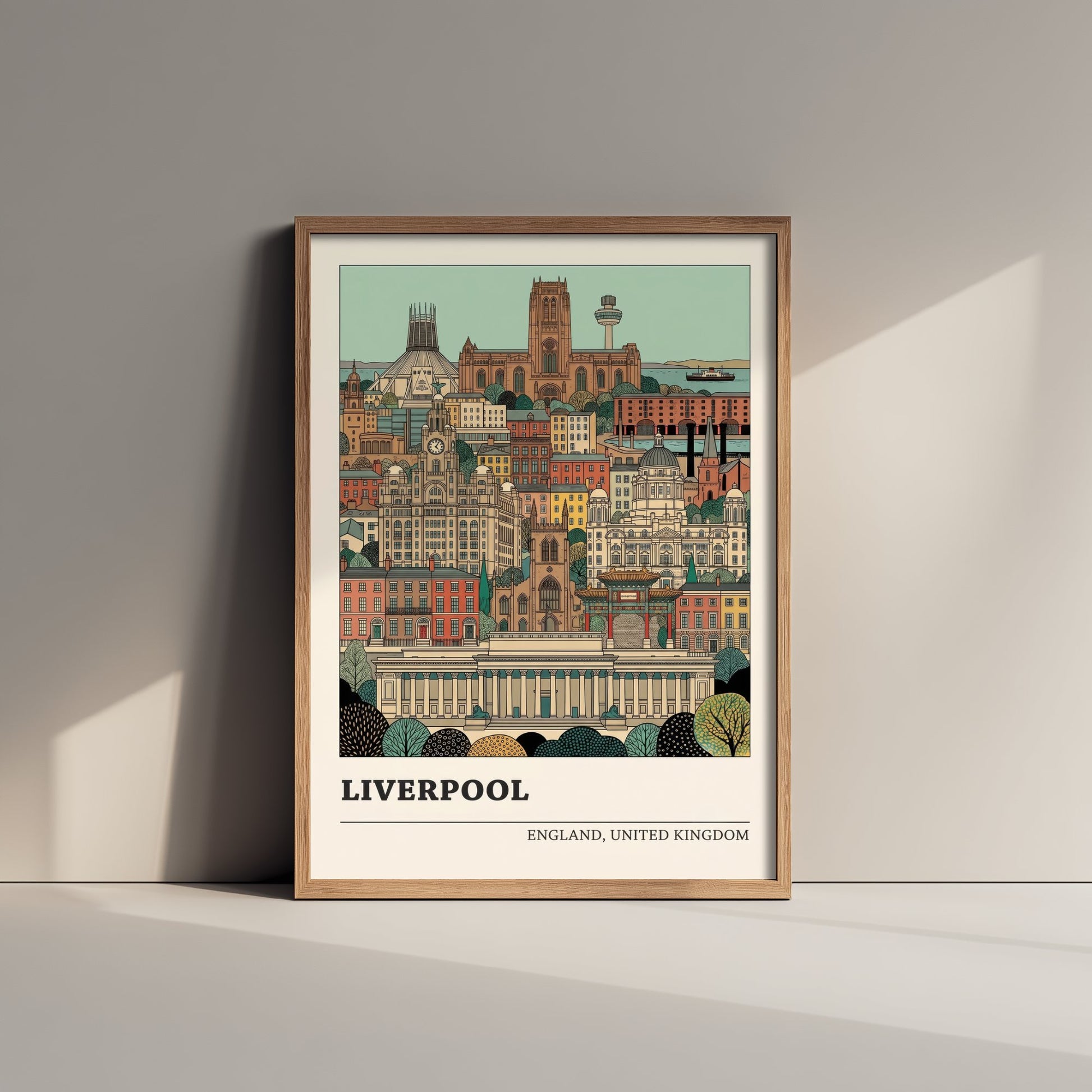 Liverpool Cityscape Art Print - Two Cathedrals and Liver Building Poster - Detailed Storybook Illustration V2 2/3