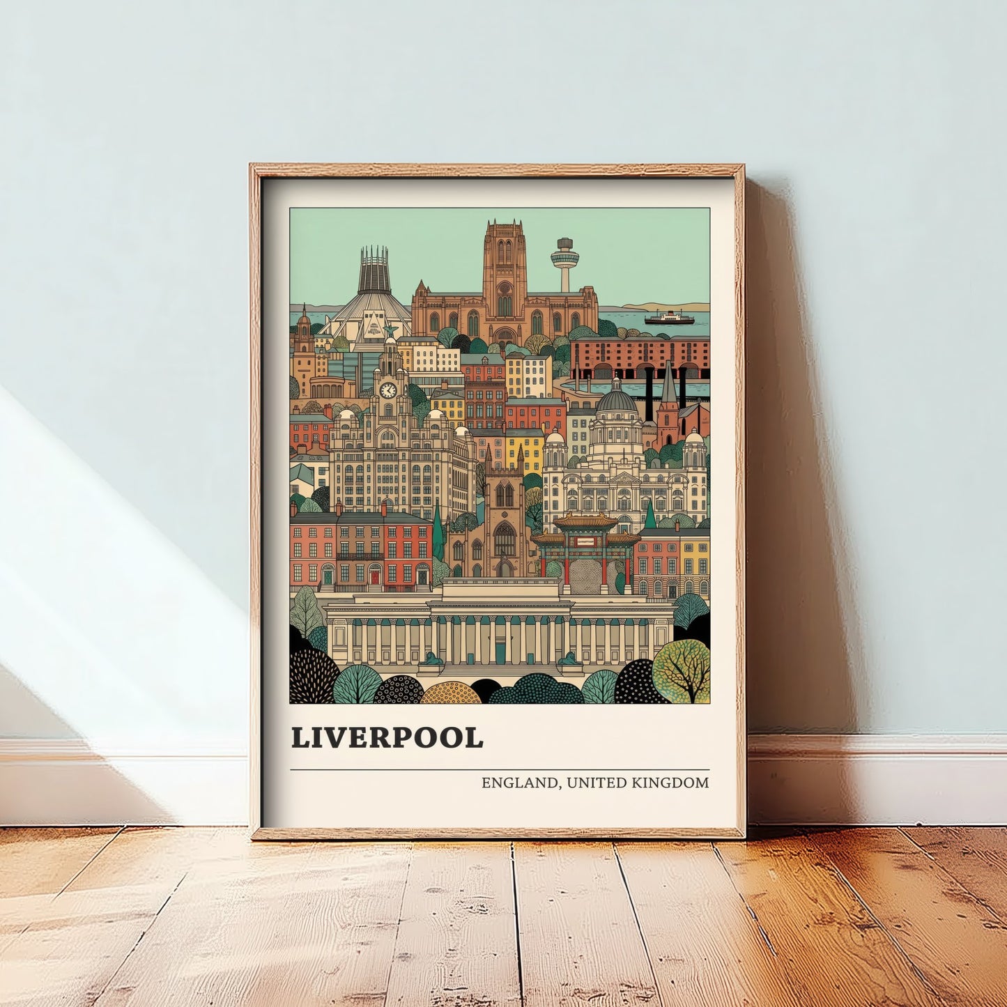 Liverpool Cityscape Art Print - Two Cathedrals and Liver Building Poster - Detailed Storybook Illustration V2 2/3