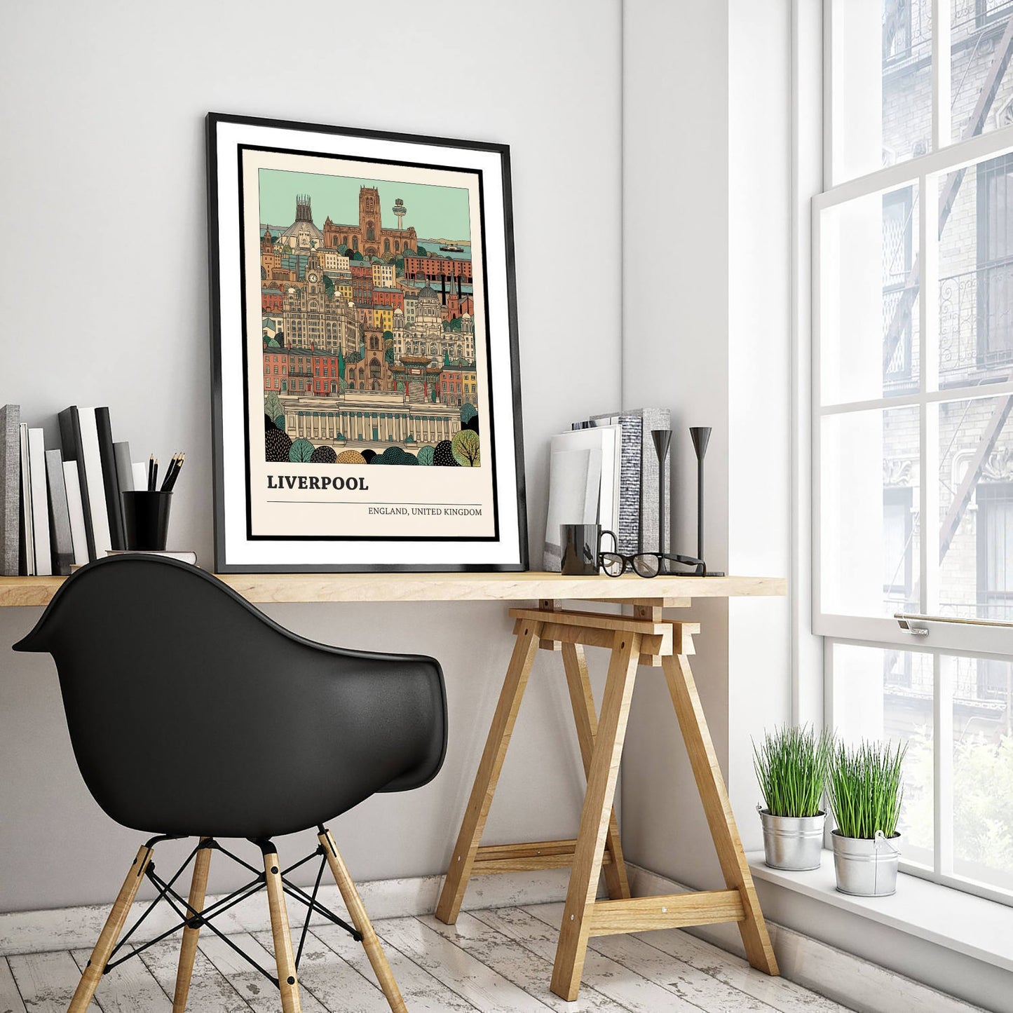 Liverpool Cityscape Art Print - Two Cathedrals and Liver Building Poster - Detailed Storybook Illustration V2 2/3