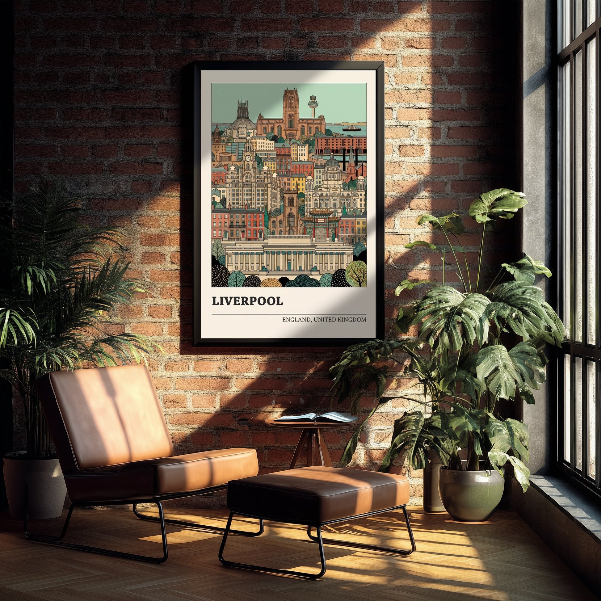 Liverpool Cityscape Art Print - Two Cathedrals and Liver Building Poster - Detailed Storybook Illustration V2 2/3