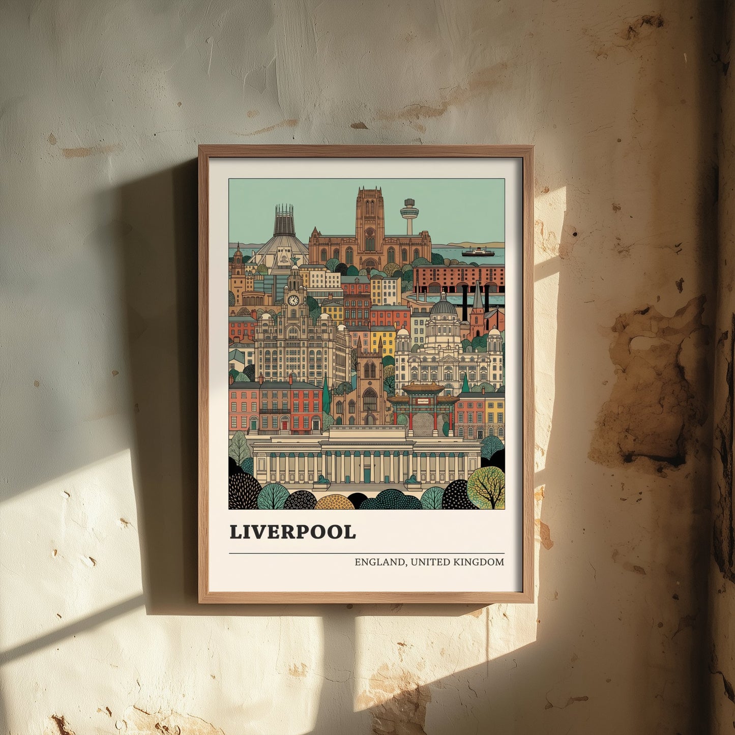 Liverpool Cityscape Art Print - Two Cathedrals and Liver Building Poster - Detailed Storybook Illustration V2 2/3