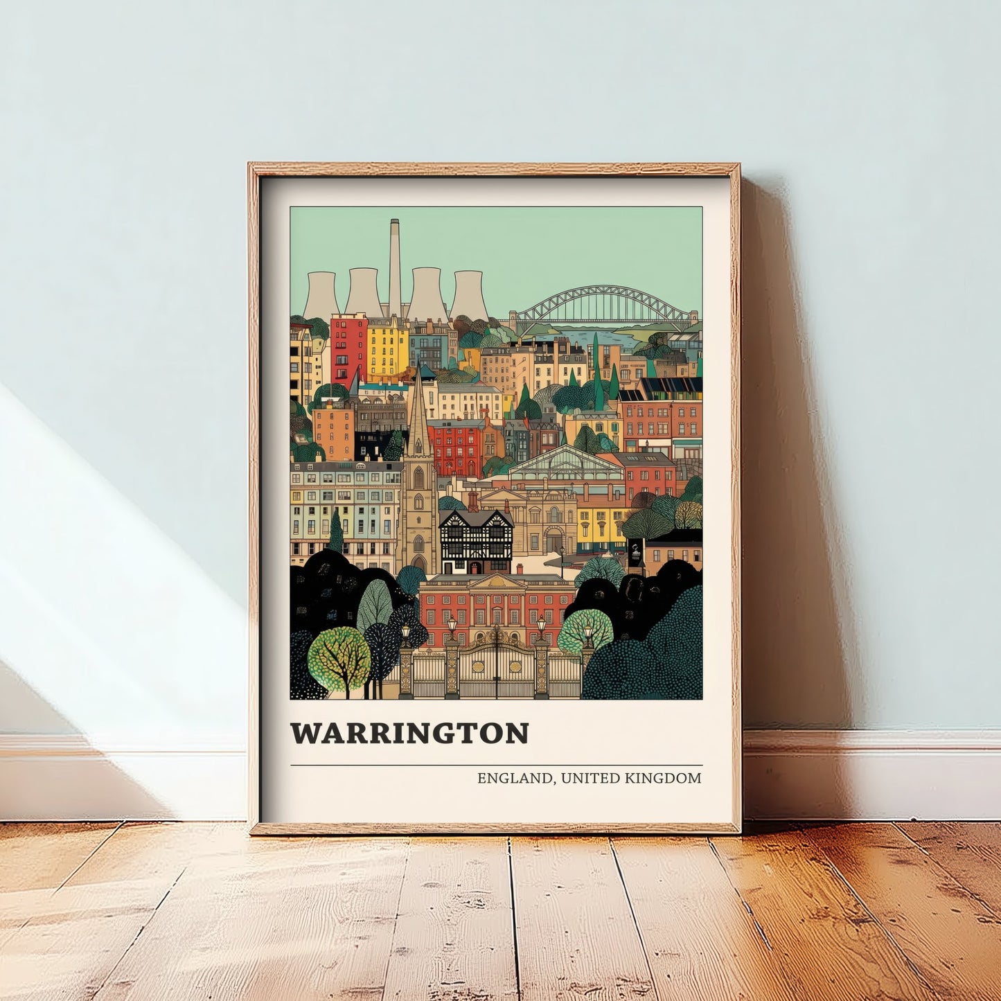 Warrington Travel Poster - Town Hall Golden Gates and Transporter Bridge Art Print - Storybook Cheshire Illustration V2 3/3