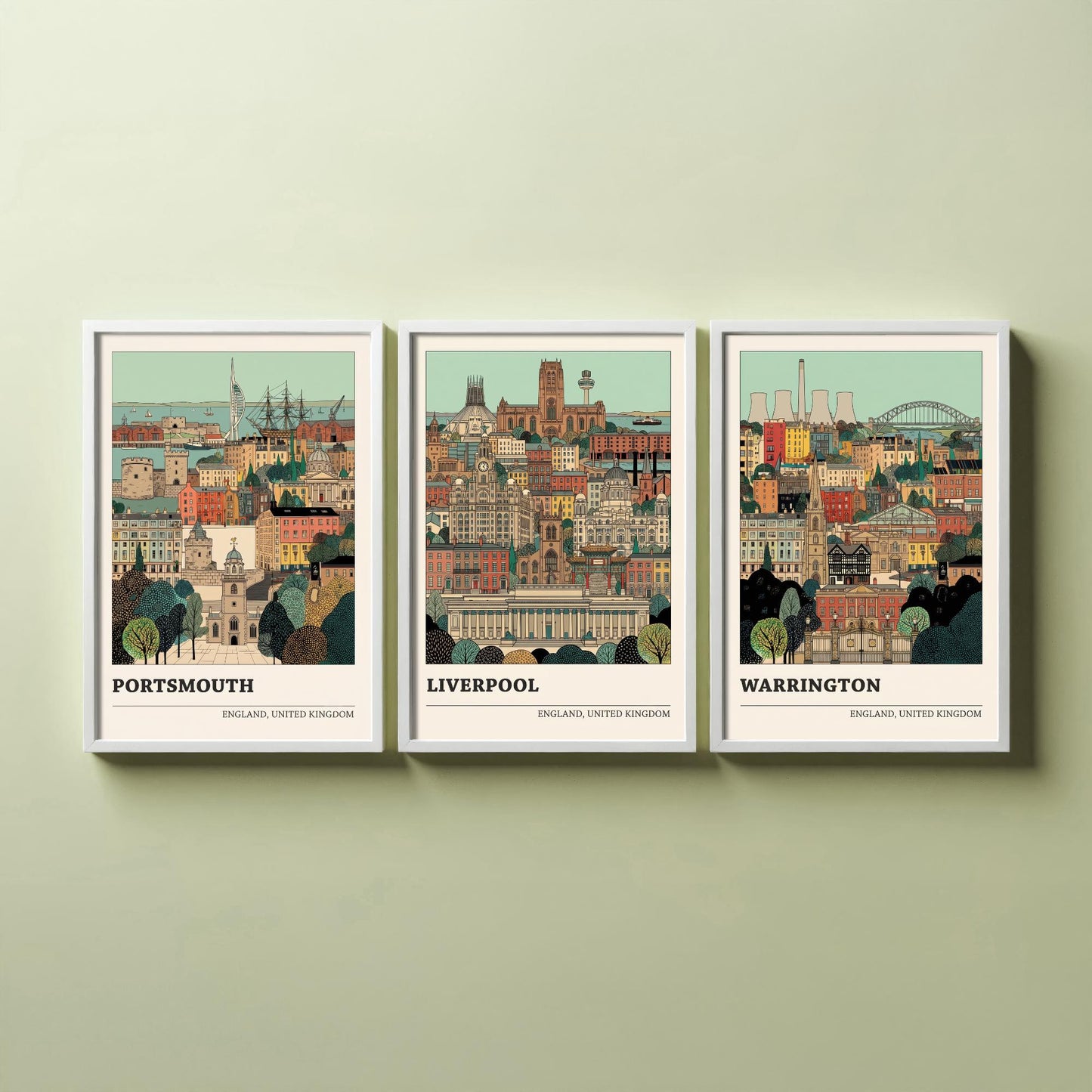 Portsmouth, Liverpool and Warrington Set of Three Art Prints - 3 Intricate English Cityscape Posters - Detailed Illustration V2