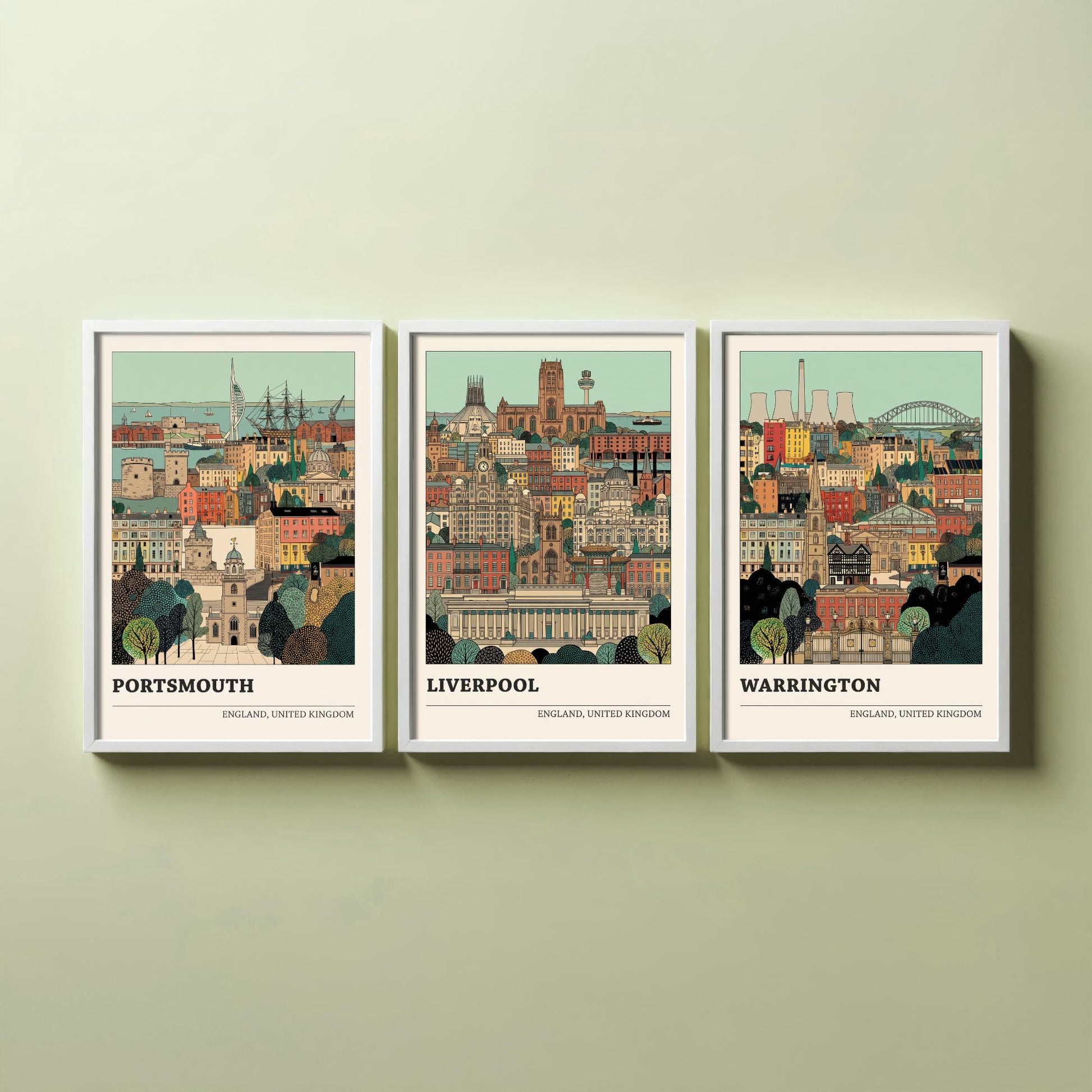 Portsmouth, Liverpool and Warrington Set of Three Art Prints - 3 Intricate English Cityscape Posters - Detailed Illustration V2