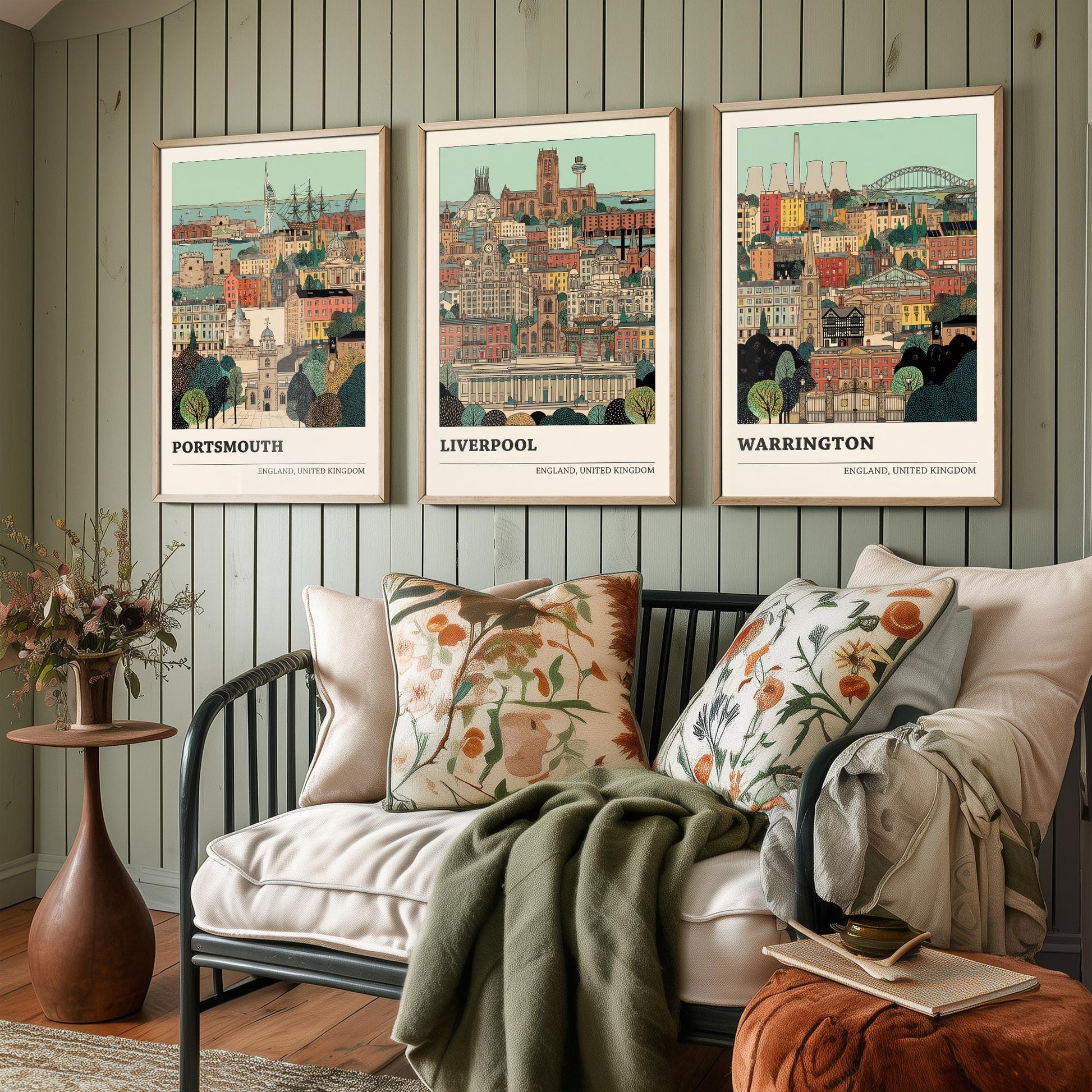 Portsmouth, Liverpool and Warrington Set of Three Art Prints - 3 Intricate English Cityscape Posters - Detailed Illustration V2