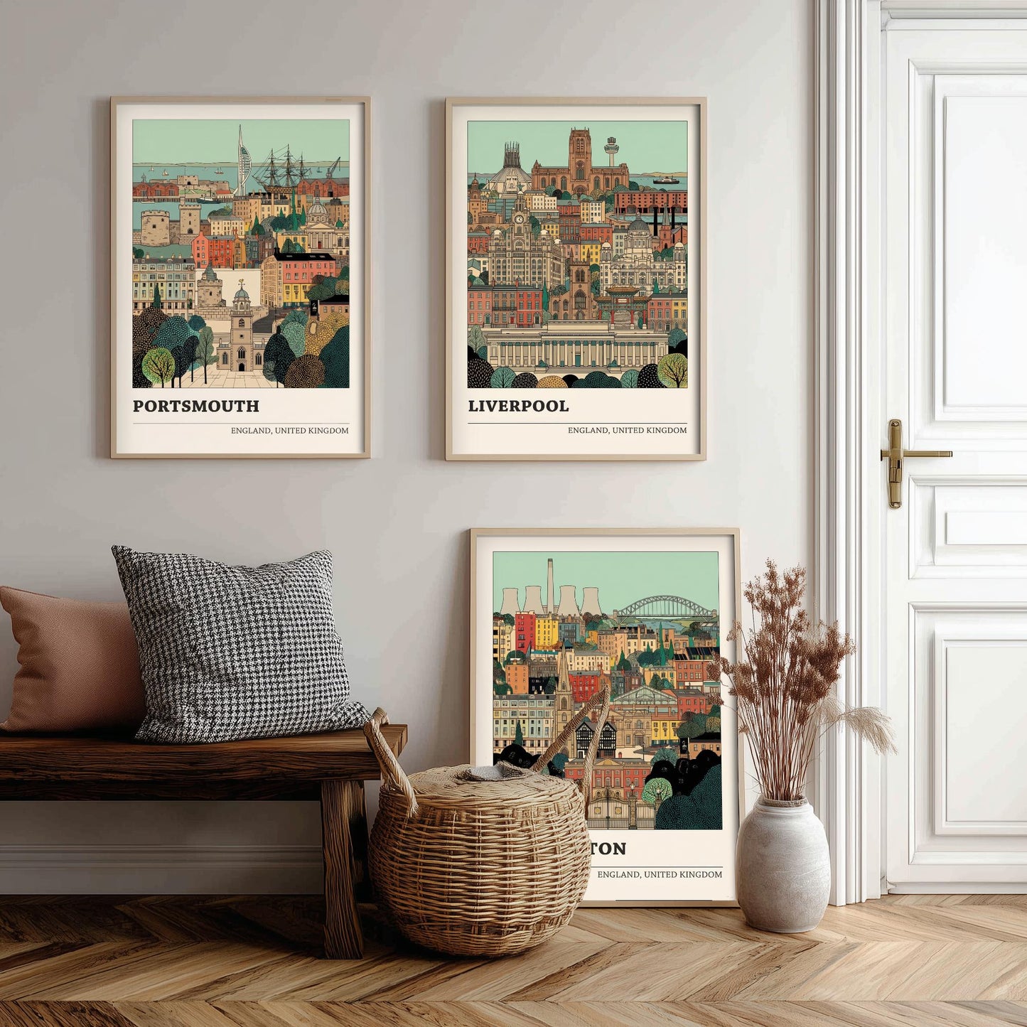 Portsmouth, Liverpool and Warrington Set of Three Art Prints - 3 Intricate English Cityscape Posters - Detailed Illustration V2