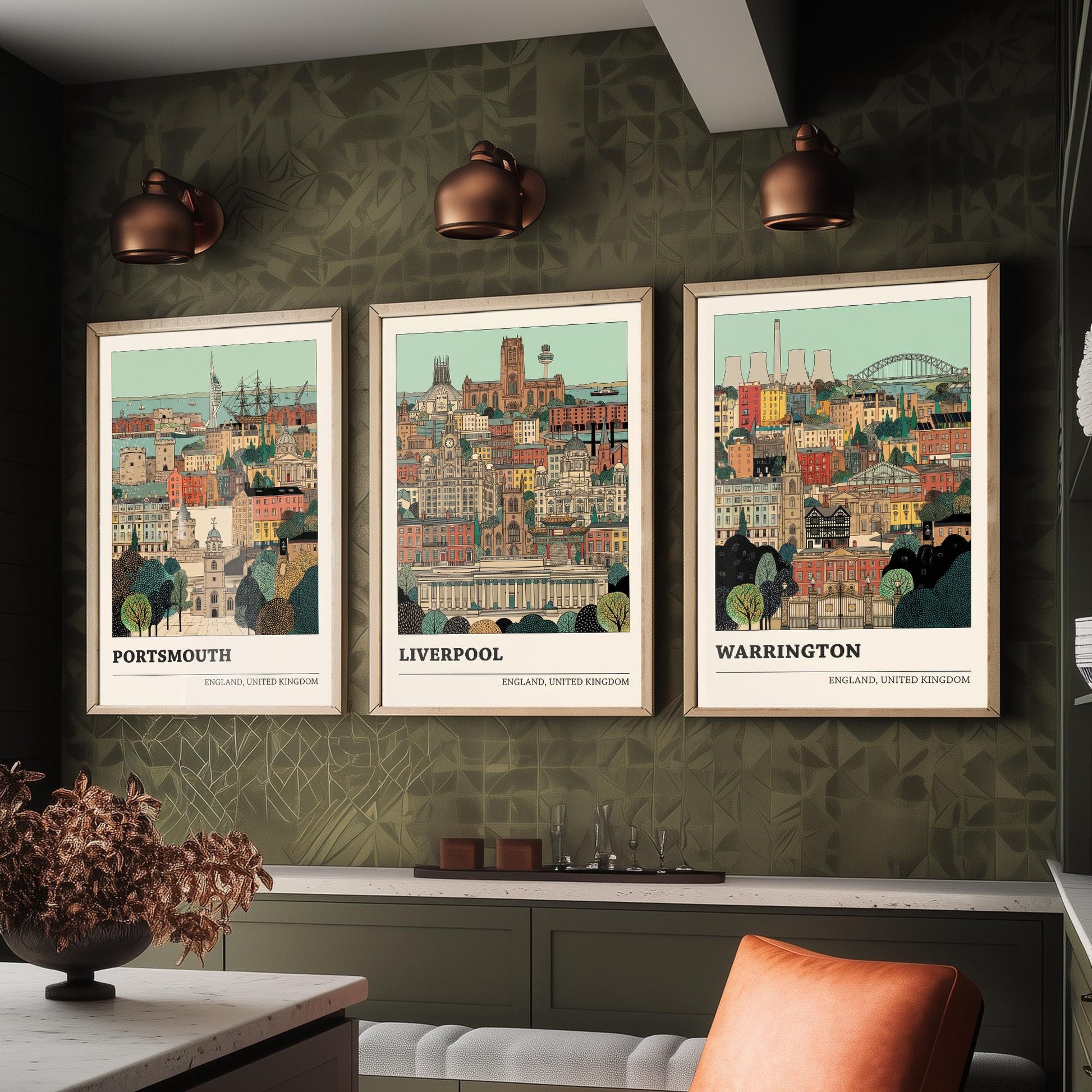 Portsmouth, Liverpool and Warrington Set of Three Art Prints - 3 Intricate English Cityscape Posters - Detailed Illustration V2