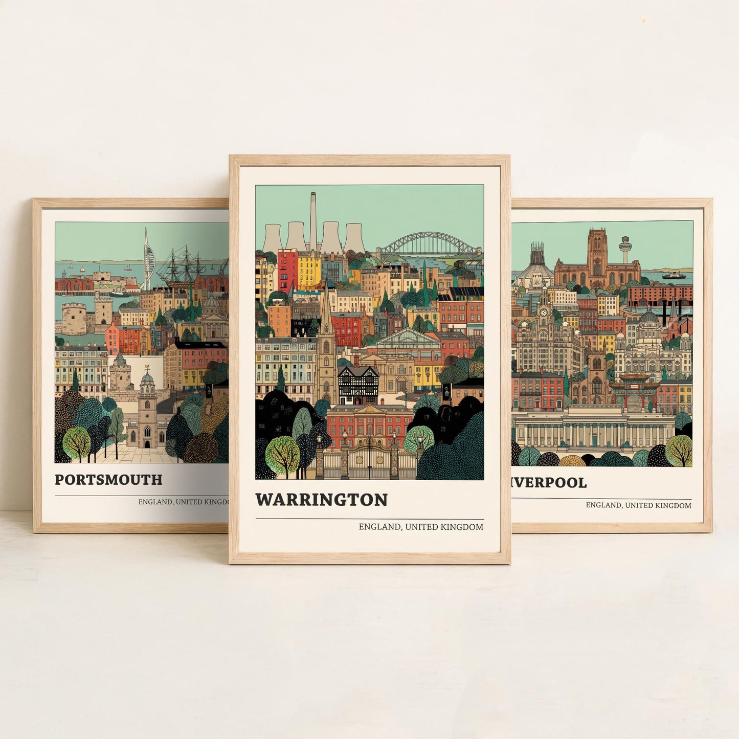 Portsmouth, Liverpool and Warrington Set of Three Art Prints - 3 Intricate English Cityscape Posters - Detailed Illustration V2