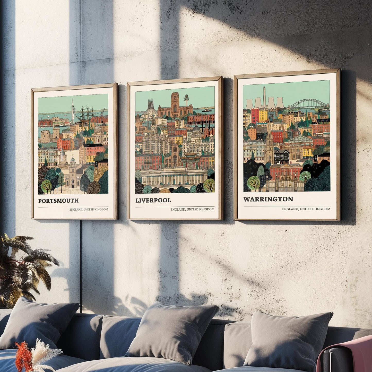 Portsmouth, Liverpool and Warrington Set of Three Art Prints - 3 Intricate English Cityscape Posters - Detailed Illustration V2