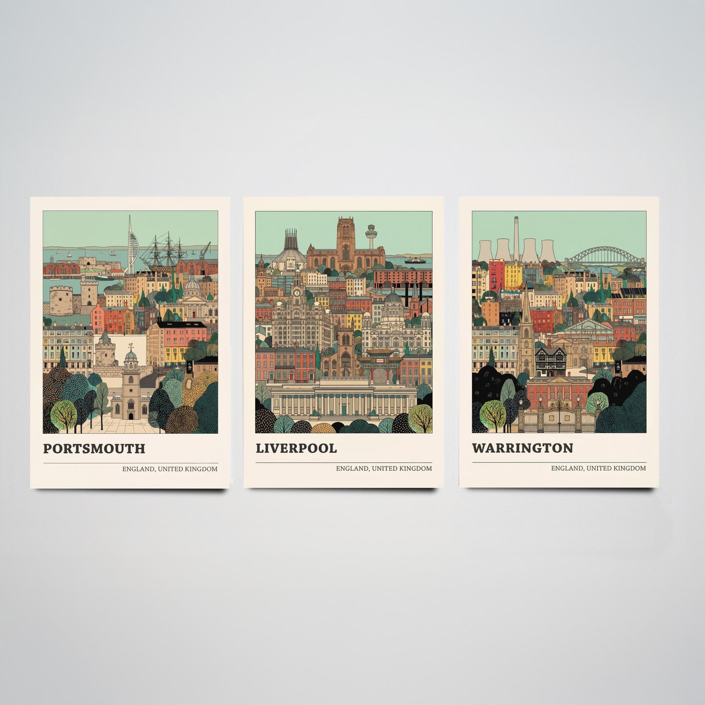Portsmouth, Liverpool and Warrington Set of Three Art Prints - 3 Intricate English Cityscape Posters - Detailed Illustration V2