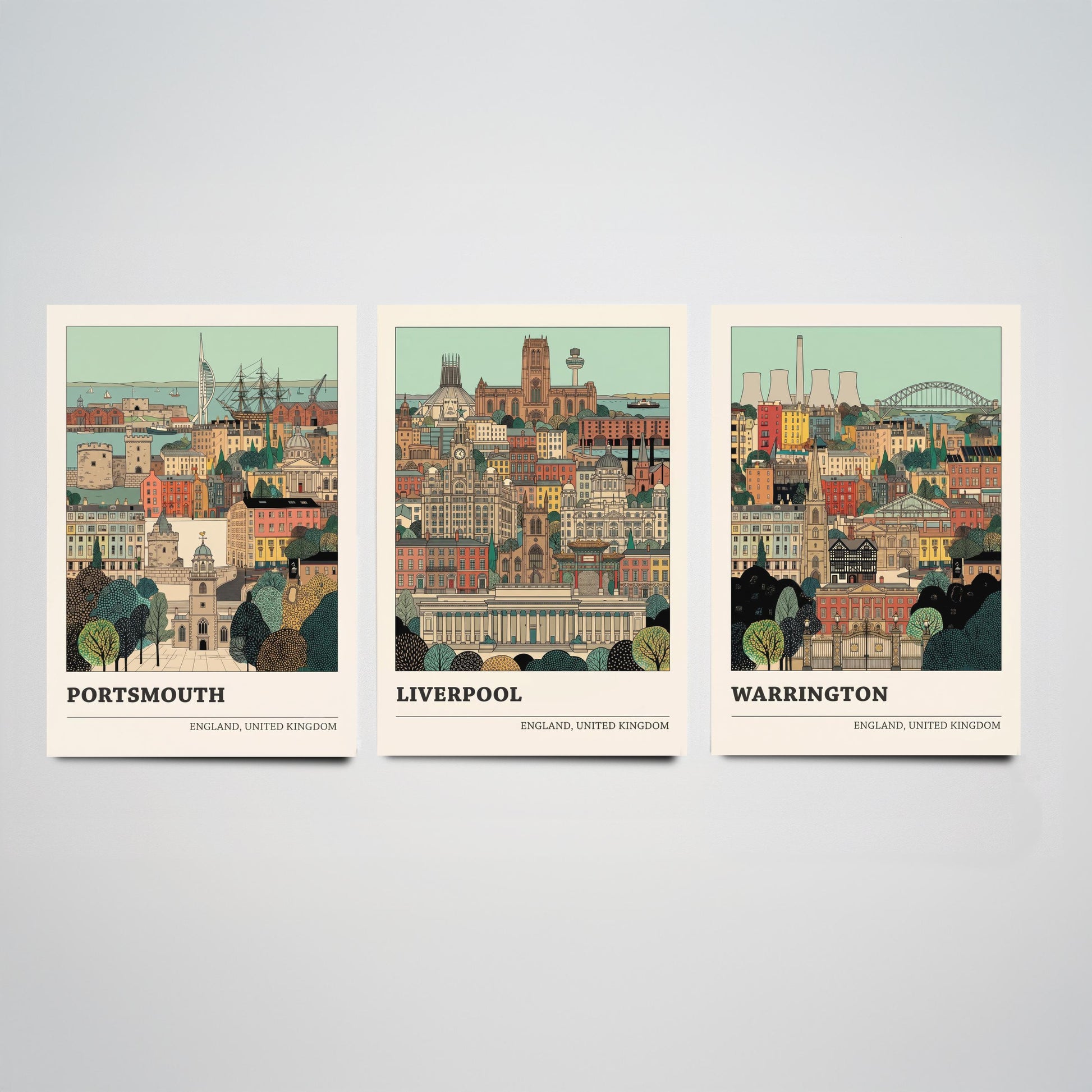 Portsmouth, Liverpool and Warrington Set of Three Art Prints - 3 Intricate English Cityscape Posters - Detailed Illustration V2