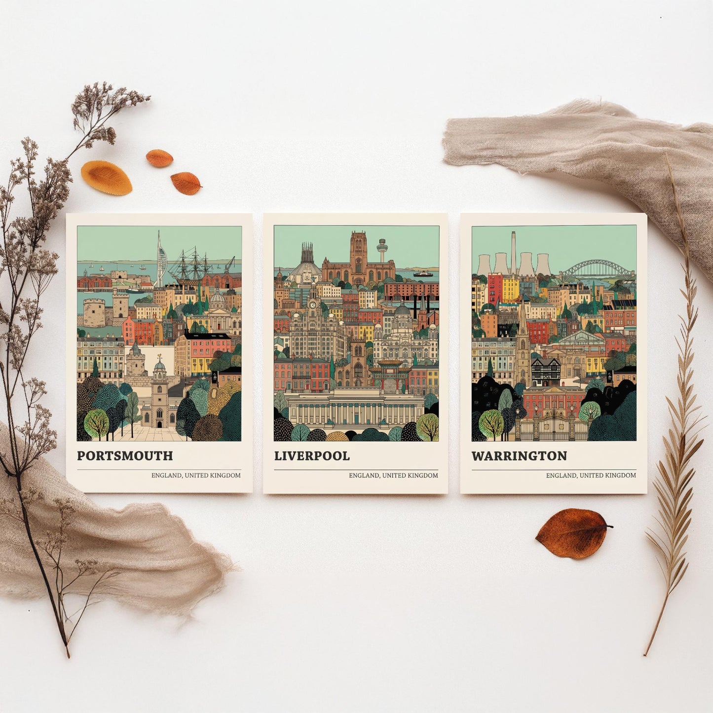 Portsmouth, Liverpool and Warrington Set of Three Art Prints - 3 Intricate English Cityscape Posters - Detailed Illustration V2