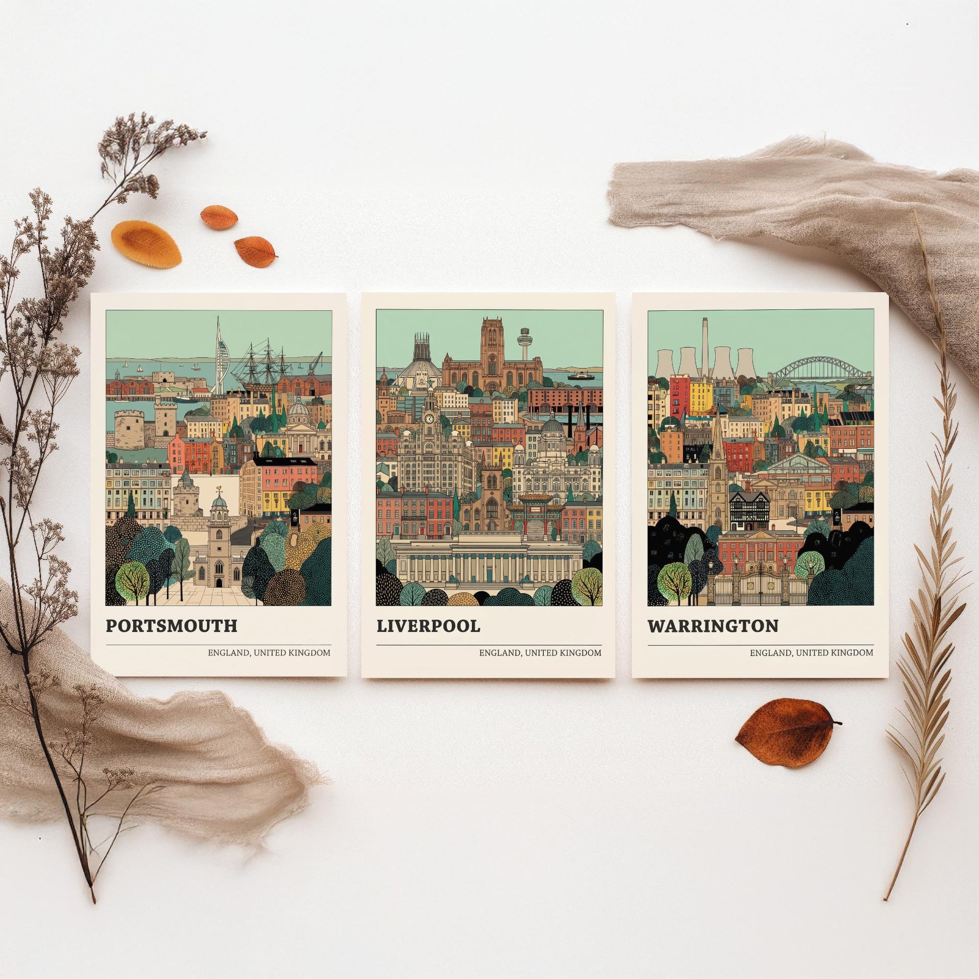 Portsmouth, Liverpool and Warrington Set of Three Art Prints - 3 Intricate English Cityscape Posters - Detailed Illustration V2