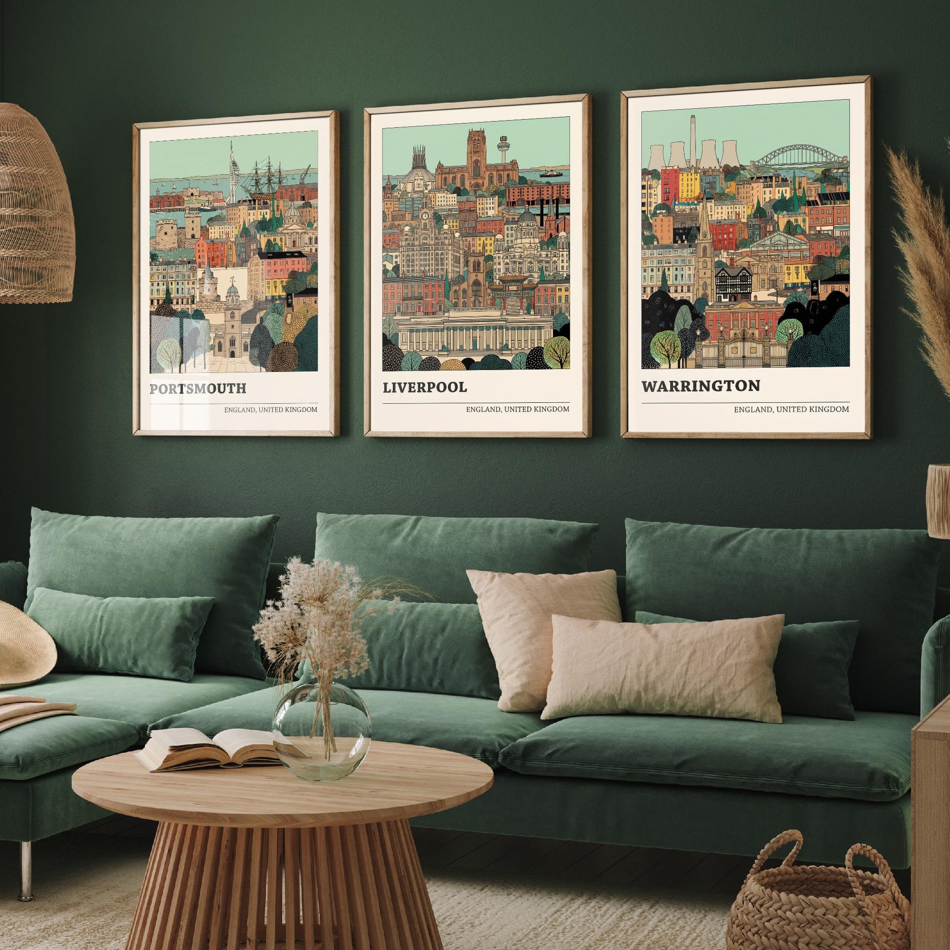 Portsmouth, Liverpool and Warrington Set of Three Art Prints - 3 Intricate English Cityscape Posters - Detailed Illustration V2