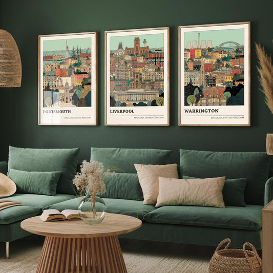 Portsmouth, Liverpool and Warrington Set of Three Art Prints - 3 Intricate English Cityscape Posters - Detailed Illustration V2