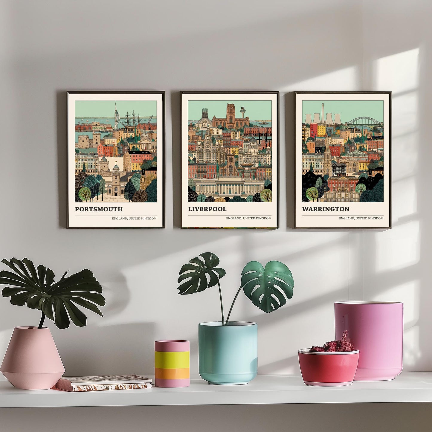 Portsmouth, Liverpool and Warrington Set of Three Art Prints - 3 Intricate English Cityscape Posters - Detailed Illustration V2