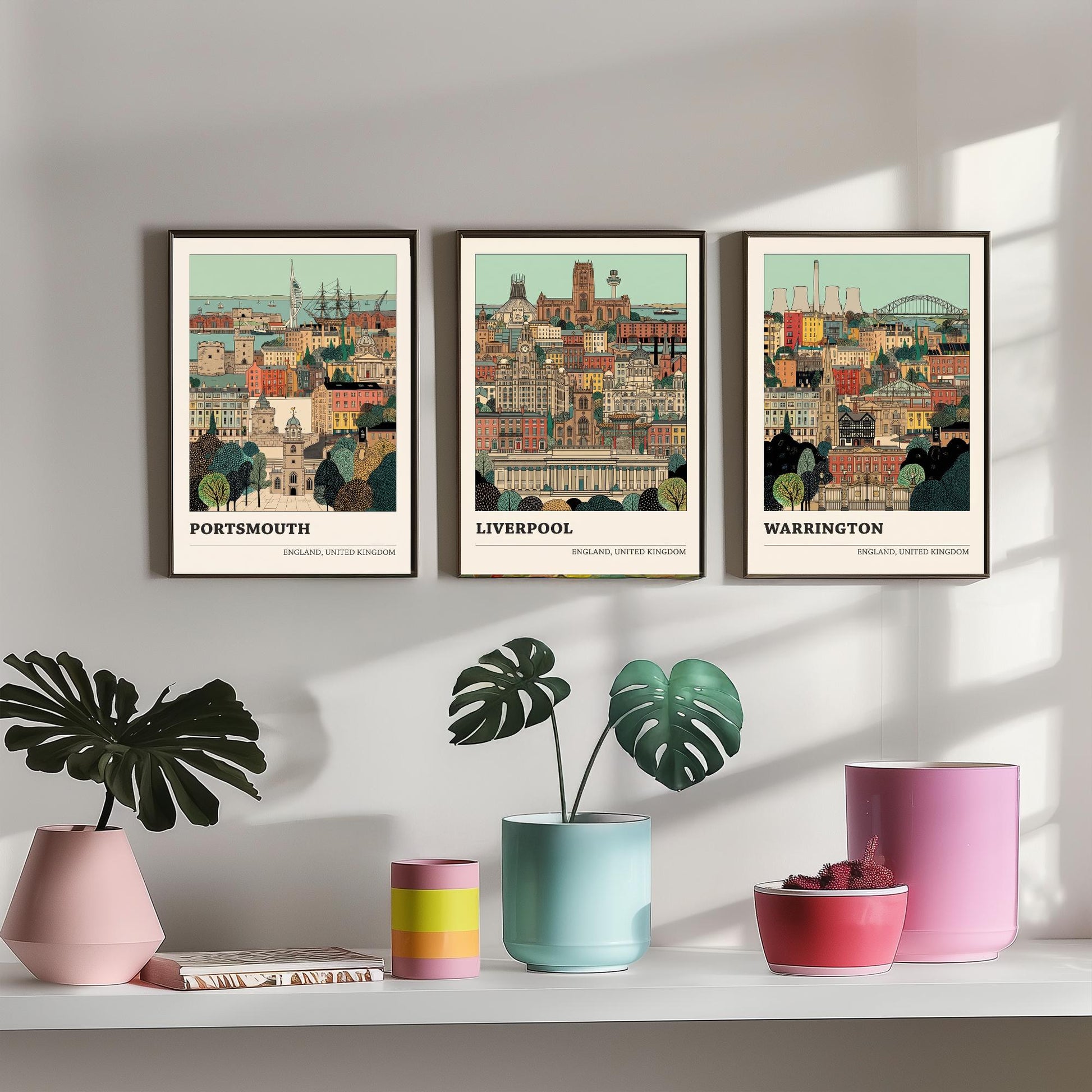 Portsmouth, Liverpool and Warrington Set of Three Art Prints - 3 Intricate English Cityscape Posters - Detailed Illustration V2