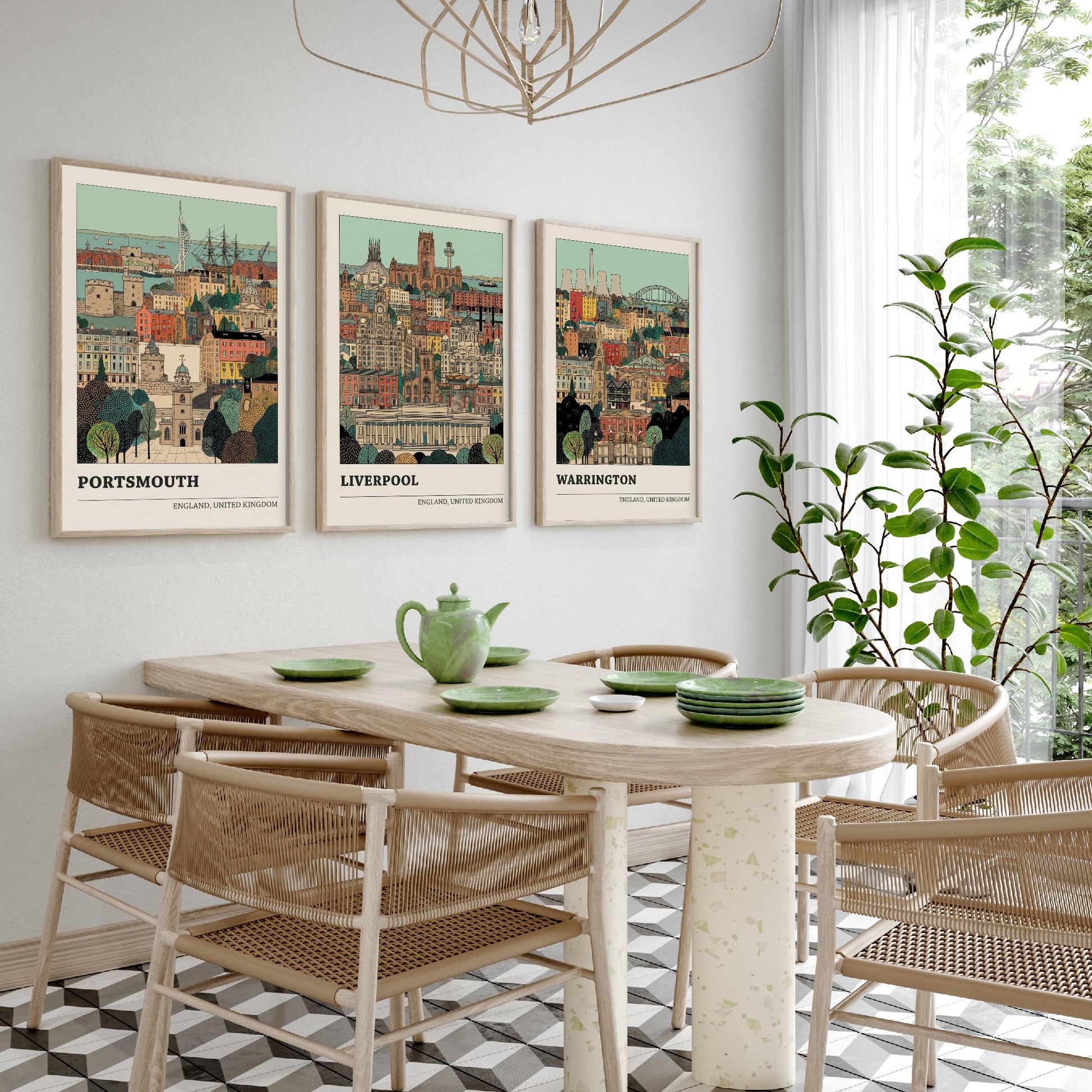 Portsmouth, Liverpool and Warrington Set of Three Art Prints - 3 Intricate English Cityscape Posters - Detailed Illustration V2