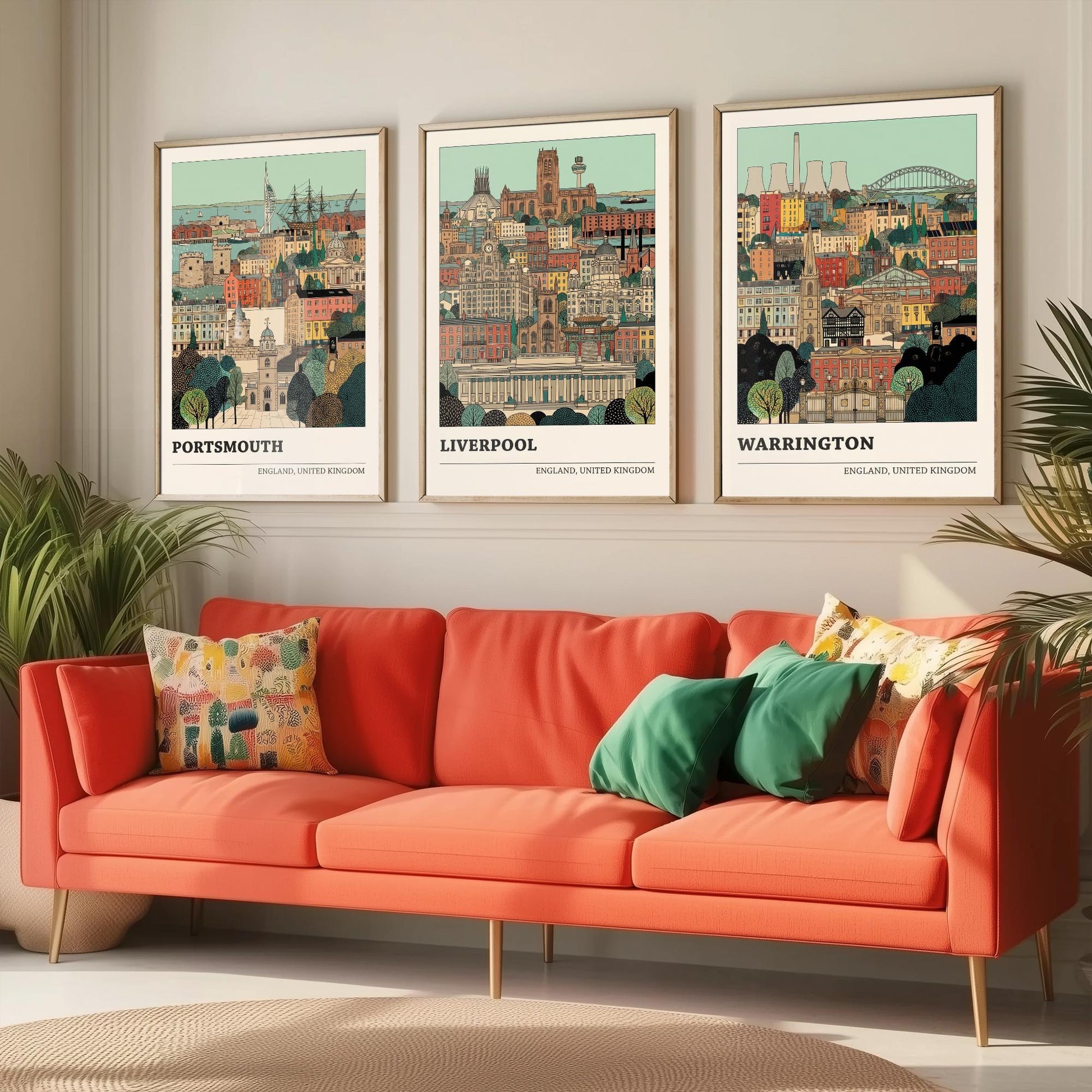 Portsmouth, Liverpool and Warrington Set of Three Art Prints - 3 Intricate English Cityscape Posters - Detailed Illustration V2