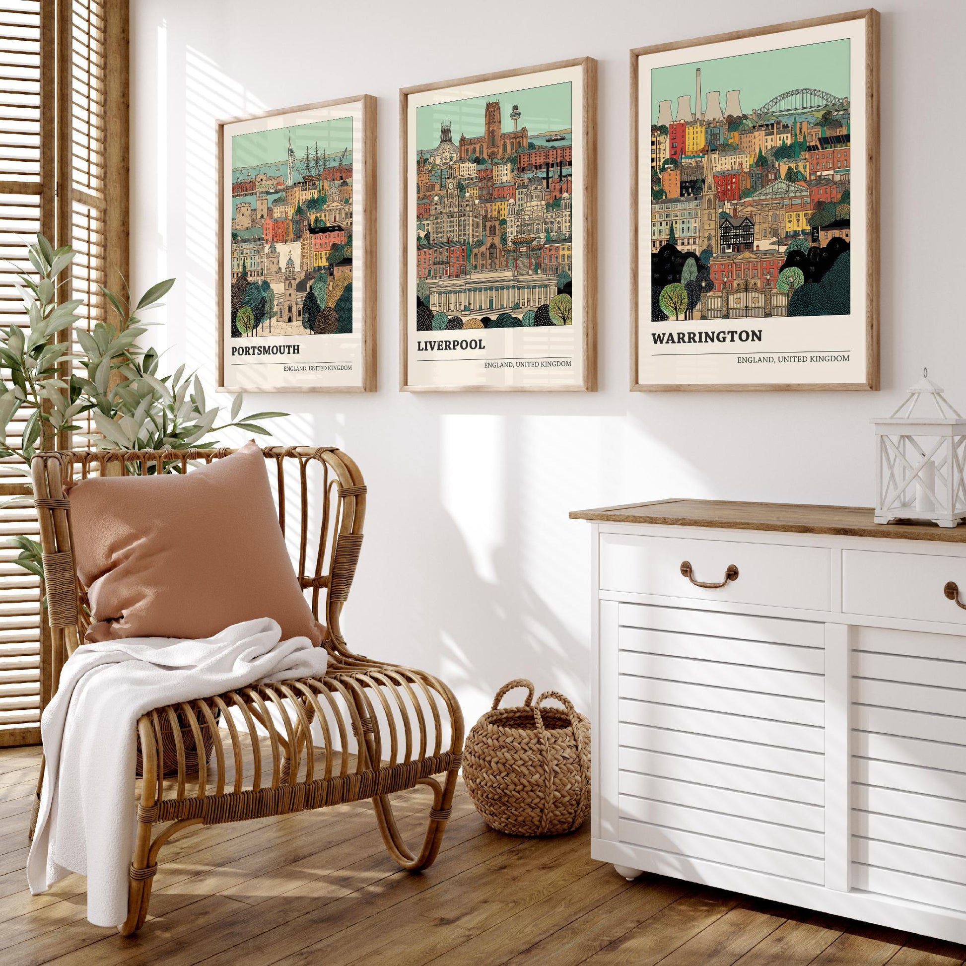 Portsmouth, Liverpool and Warrington Set of Three Art Prints - 3 Intricate English Cityscape Posters - Detailed Illustration V2