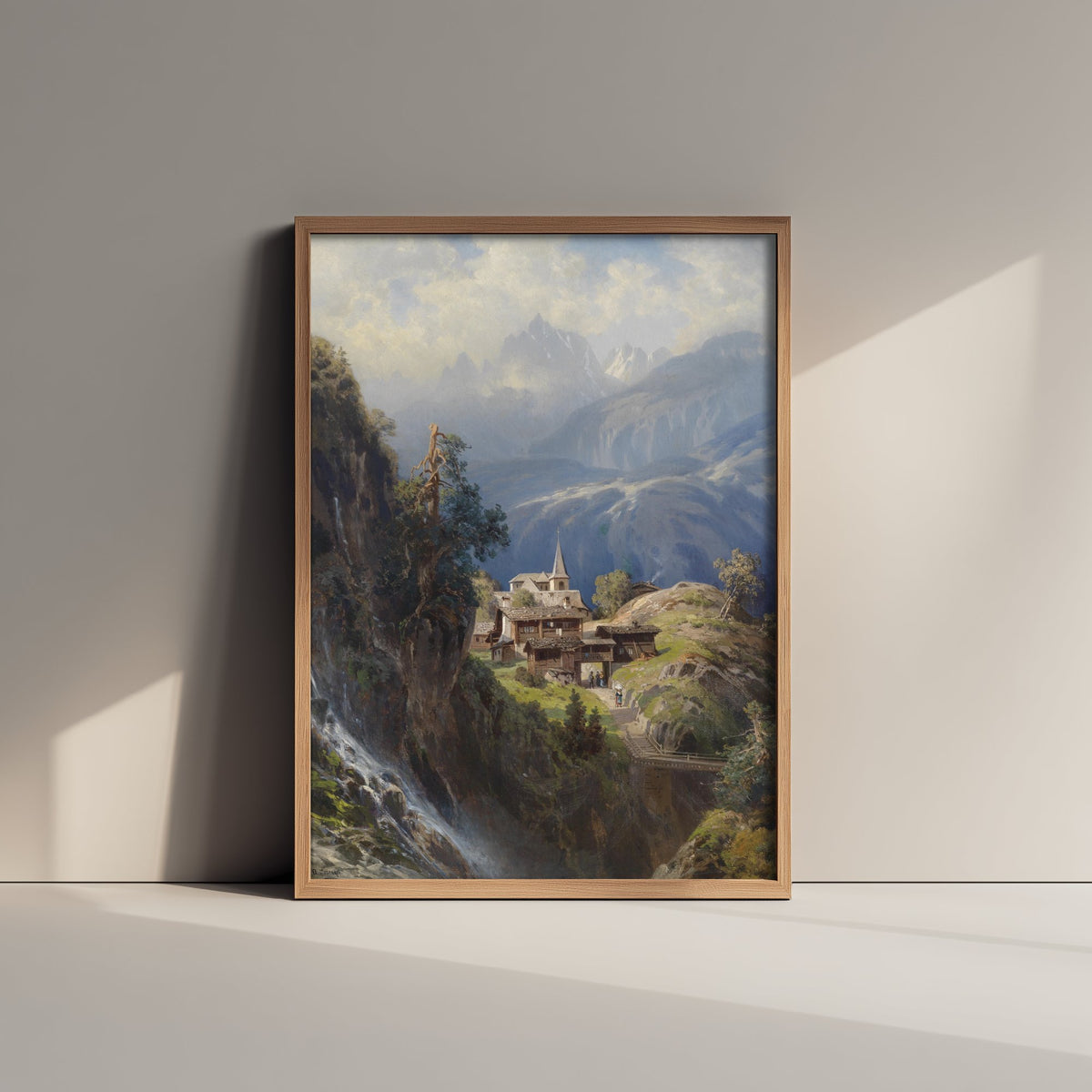 Adolf Mosengel - Village in the Bernese Alps (19th Century) - Classic Painting Art Print - Swiss Mountain Church Waterfall Poster