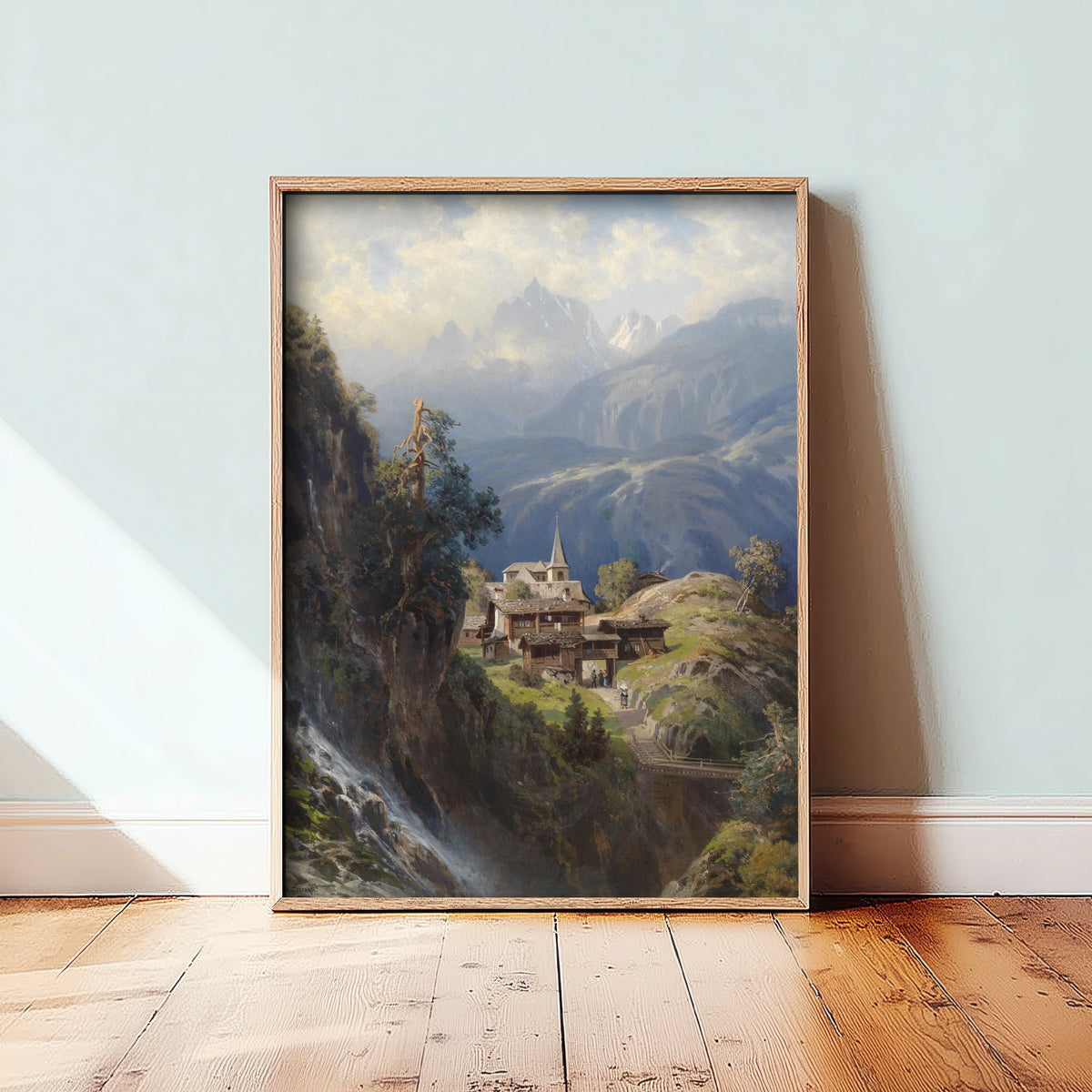Adolf Mosengel - Village in the Bernese Alps (19th Century) - Classic Painting Art Print - Swiss Mountain Church Waterfall Poster