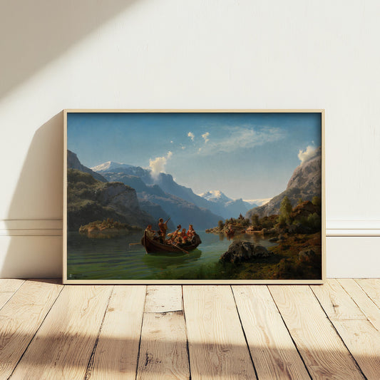 Adolph Tidemand and Hans Gude - Bridal Procession on the Hardangerfjord (1848) - Classic Painting Art Print - Norwegian Fjord Boat Poster