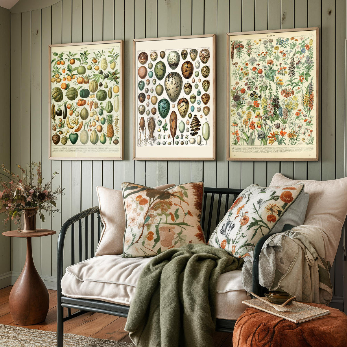Adolphe Millot Set of Three Art Prints - Fruits, Bird Eggs, Flowers - Vintage French Encyclopedia Plate Poster Illustration