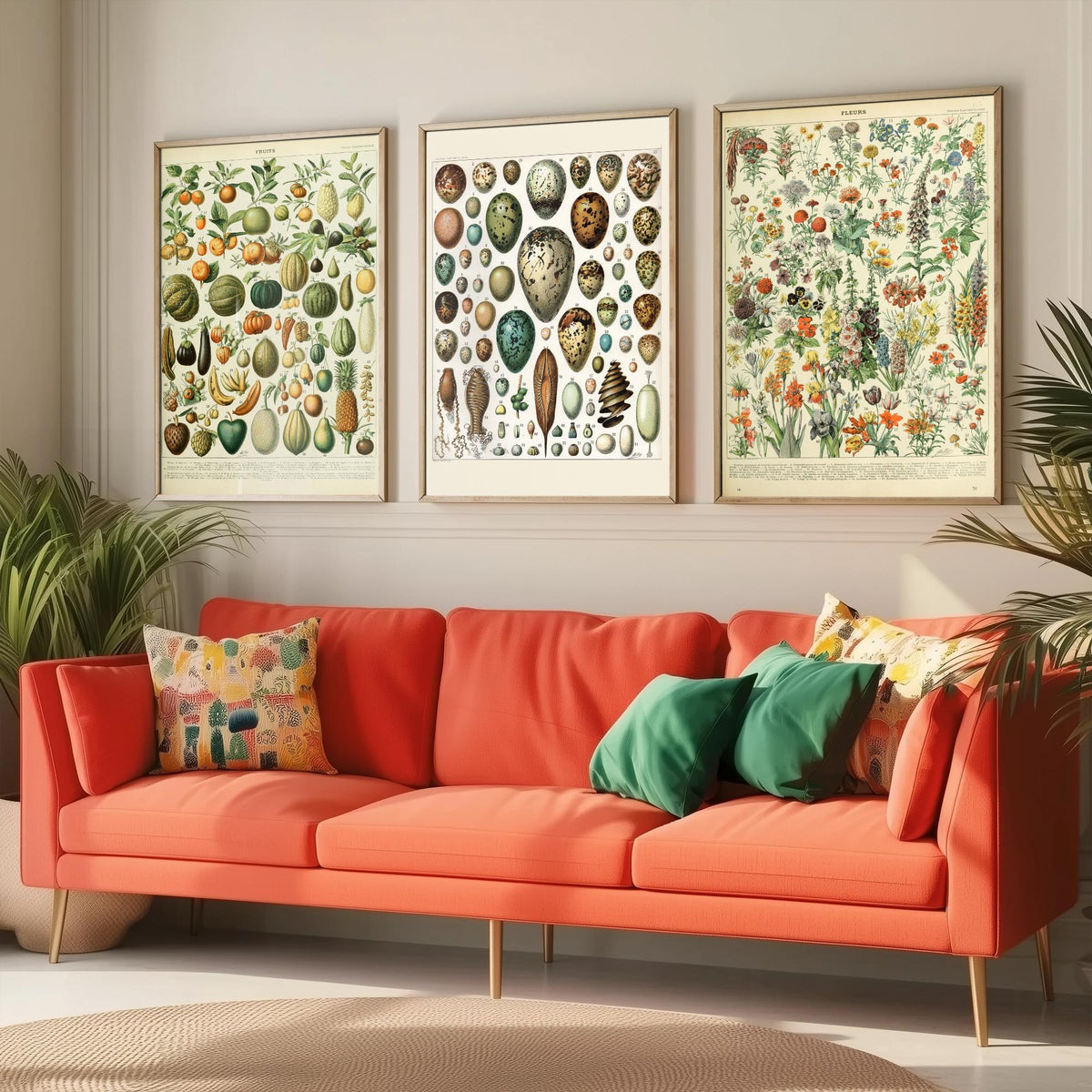 Adolphe Millot Set of Three Art Prints - Fruits, Bird Eggs, Flowers - Vintage French Encyclopedia Plate Poster Illustration